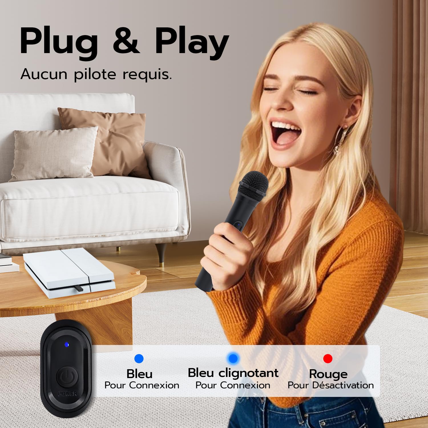 Mcbazel Faible Latence 2,4 G Microphone à Main sans Fil pour PS5 / PS4 / Pro / PS3 / PS2 / Xbox Series X | S/Xbox One X | Commutateur S/Xbox One/360 /NS Switch 2/OLED/Wii/Wii U/PC