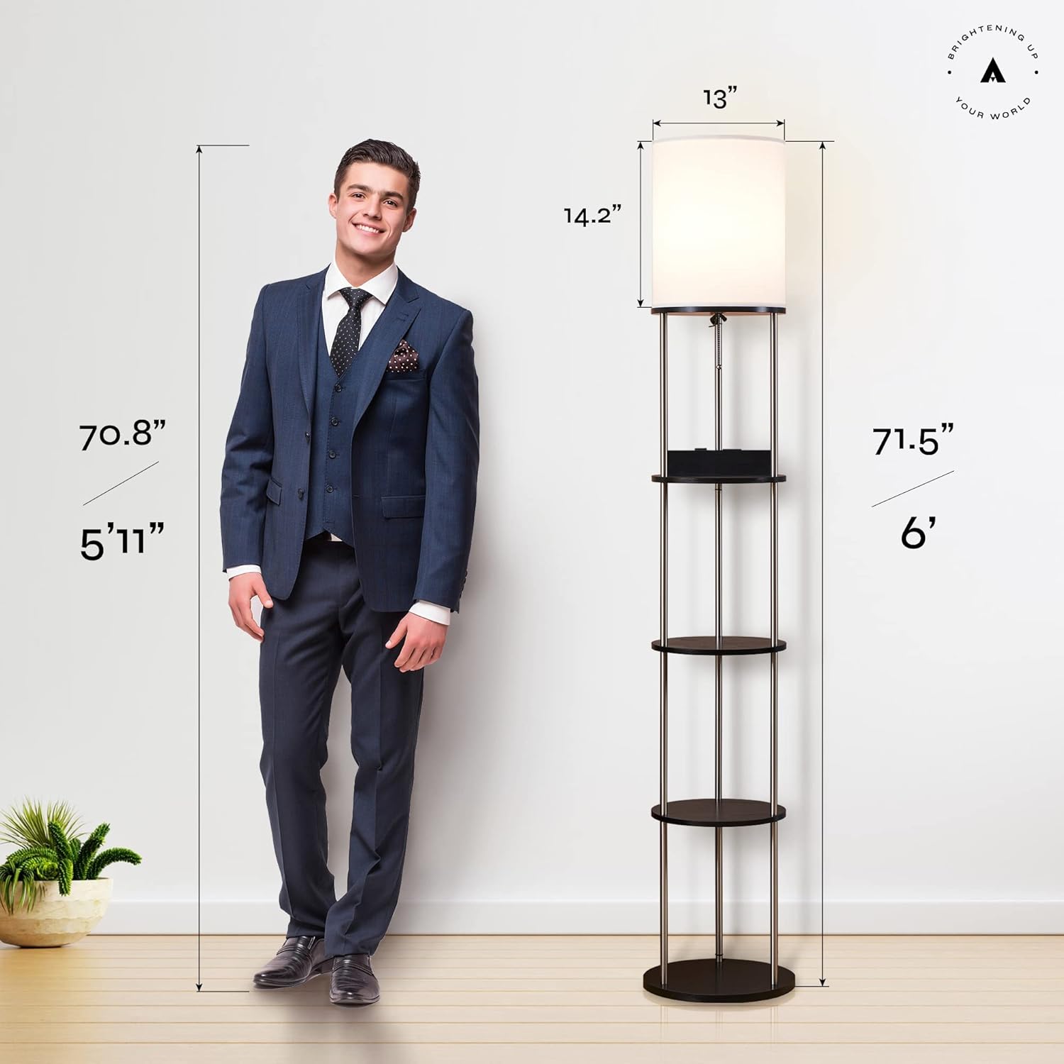 ATAMIN Aria Plus - 72" Modern Tall LED Floor Lamp with USB-C & AC Outlets, Black