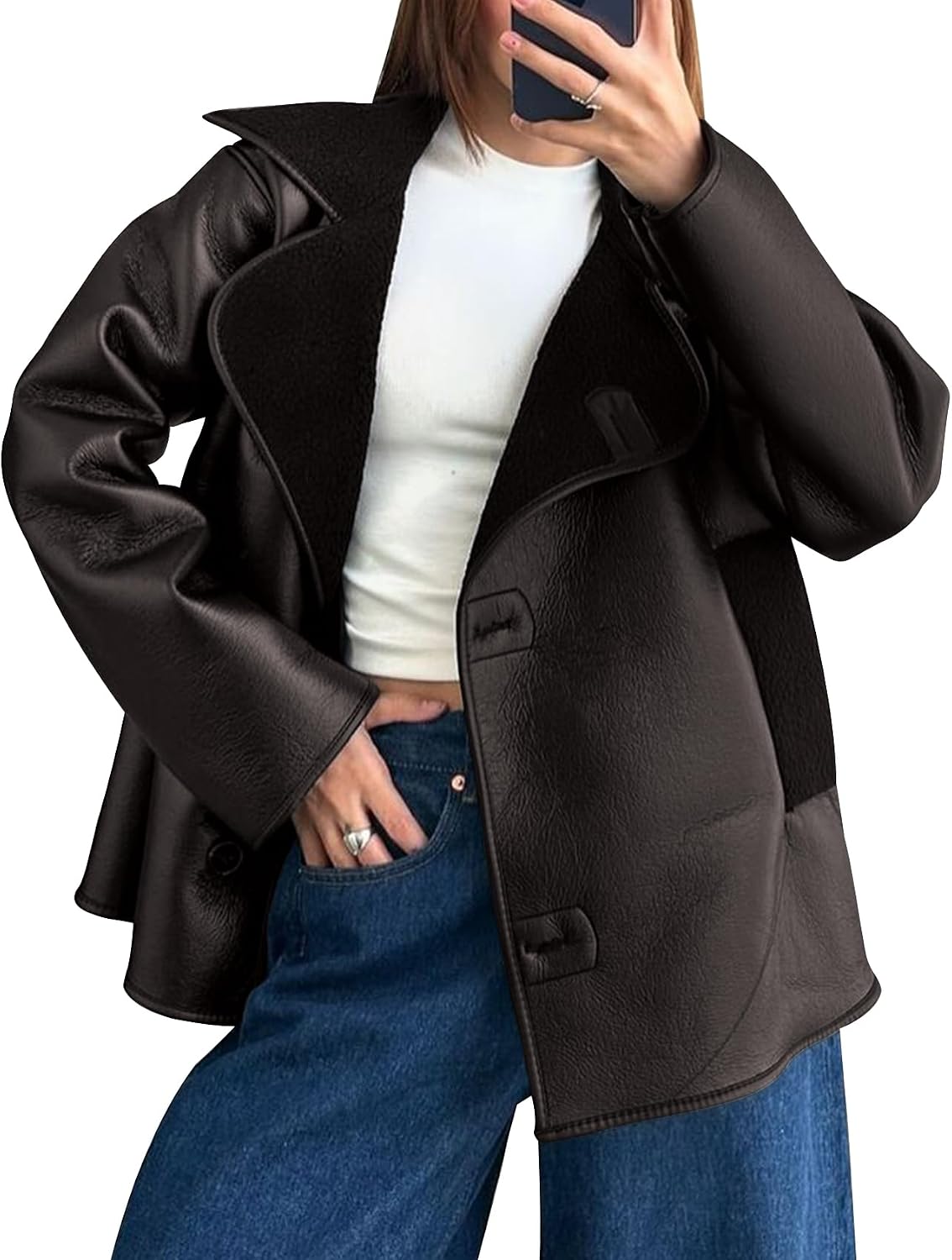 Kissonic Women's Faux Shearing Moto Bomber Jacket Button Sherpa Fleece Lined Winter Leather Coat Outerwear