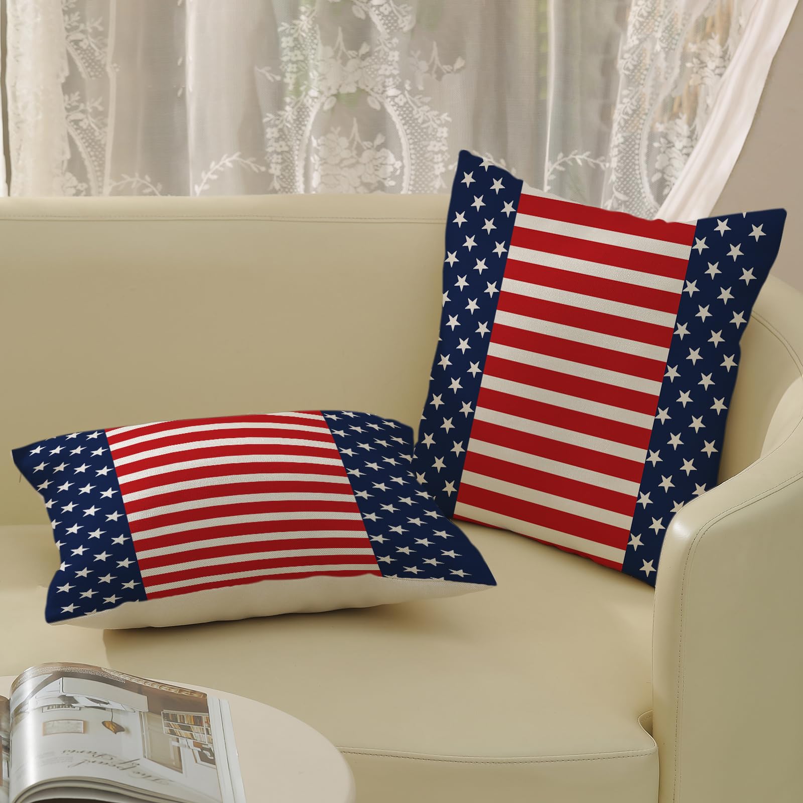 4th of July Pillow Covers 20x20 Red Stripes Blue White Patriotic Stars Outdoor Decor Throw Pillows for Couch Independence Day Memory Day Pillowcase Decorative Cushion Case for Sofa Bed Set of 2 3