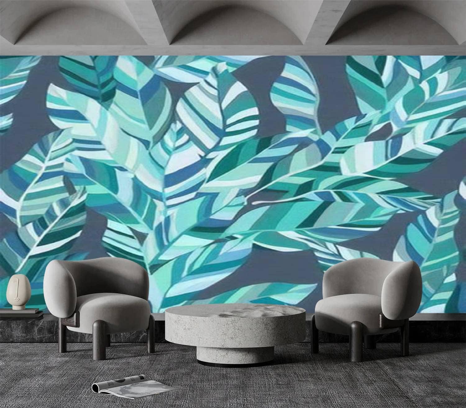 Vintage Teal green leaves tropical exotic foliage seamless green leaves Canvas Wallpaper Self