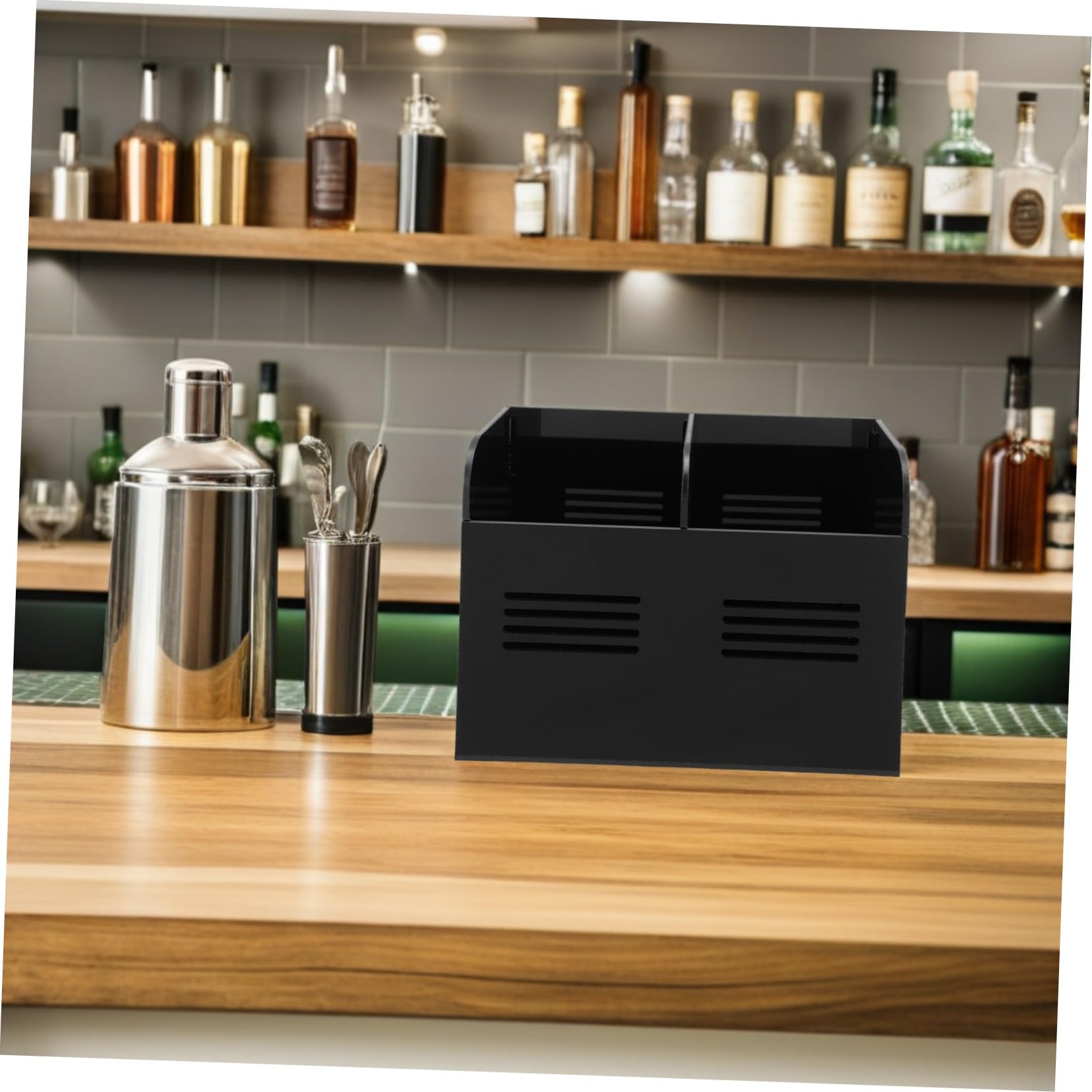 Acryl Strohhalmspender Organizer für Küchentheke Schwarz, Kompakt | Offenes Design mit Leicht zu Reinigender Struktur, Passend für Bambusspieße und Essstäbchen, Platzsparend
