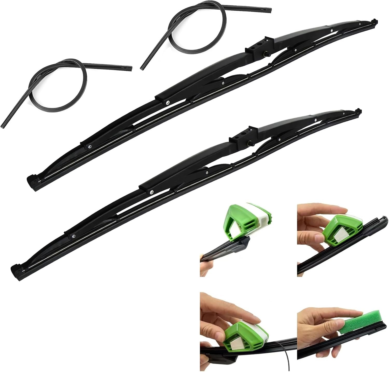 32 Heavy Duty Windshield Rv Wiper Blades Saddle Mount for Motorhome Recreational Vehicle RV and Bus with (Set of 2 Wipers and 2 Rubber Refills and 1Pcs Rubber Regroove Tool Trimmer Restorer)16.5mm 32+32