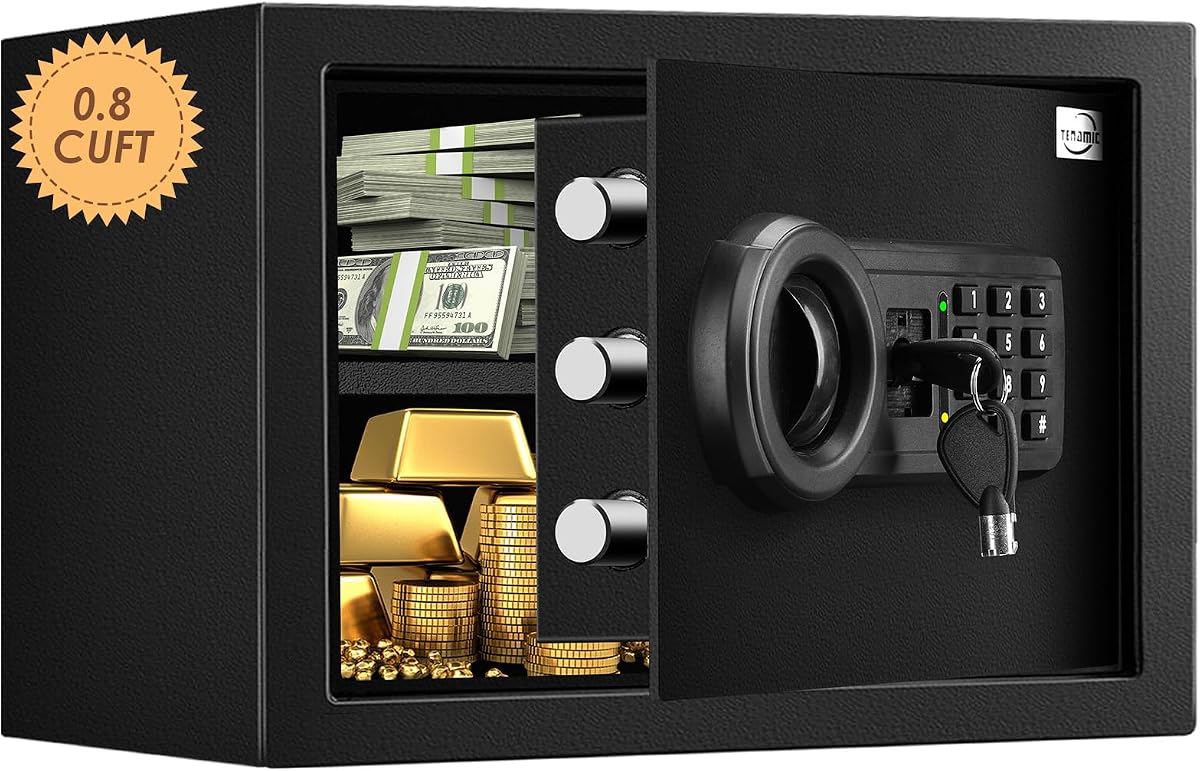 Safe Box 0.8 Cuft Fireproof Waterproof Home Safe, Keypad Small Lock Box Cabinet Safes, Solid Alloy Steel Office Hotel Home Mini Safe, Black