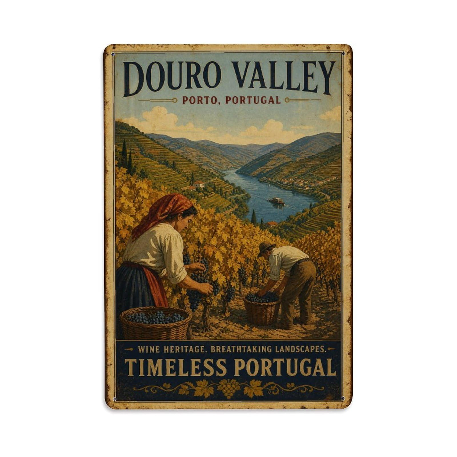 Huiyhb 8X12inch(20X30cm) Vintage Travel Douro Valley Vineyard Harvest Autumn Portugal Metal Tin Sign