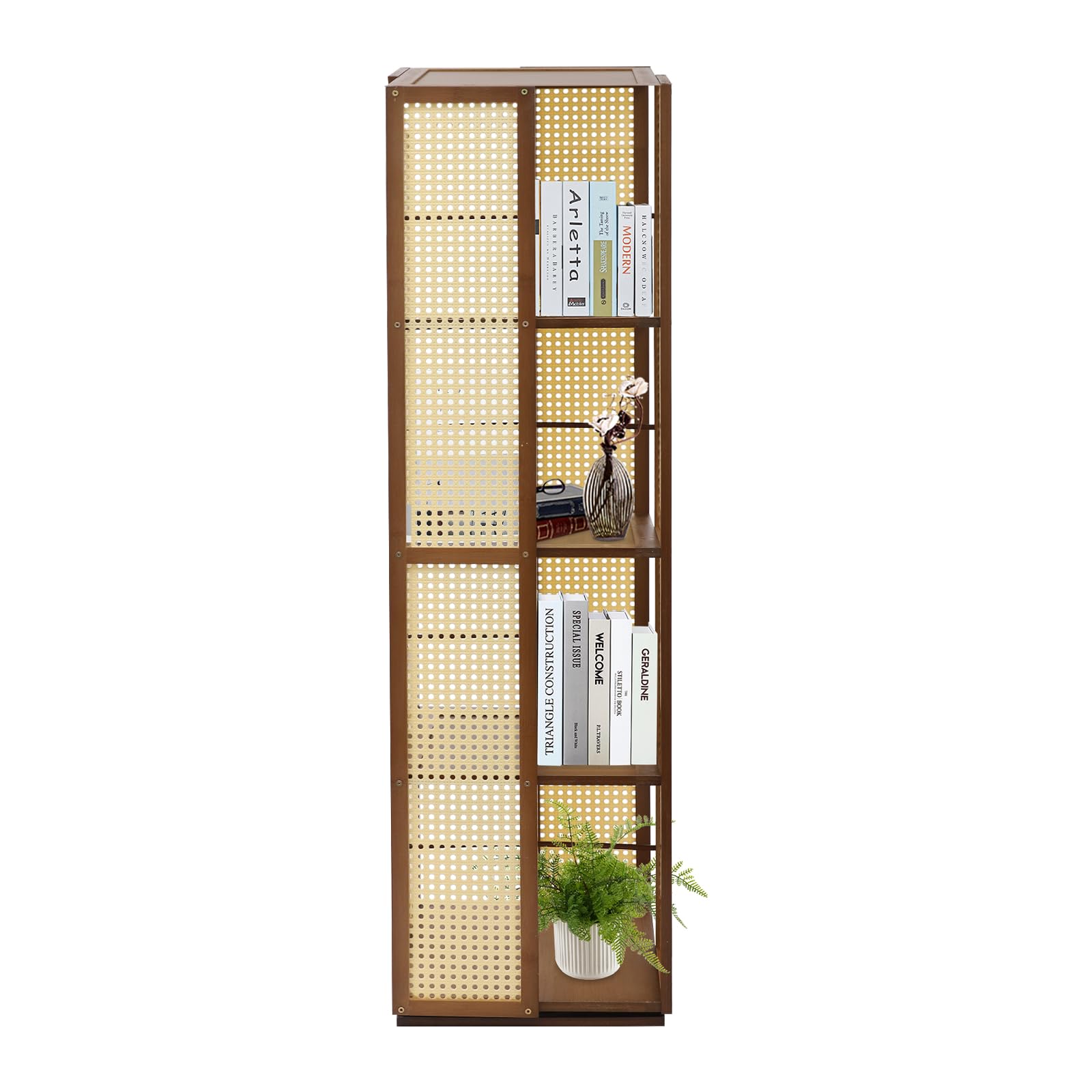 Estantería giratoria de 360° con placas perforadas, diseño de 4 niveles, distancia de 28,5 cm, bambú musgo, torre de libros, estantería giratoria de pie, salón, oficinas (marrón bronceado)