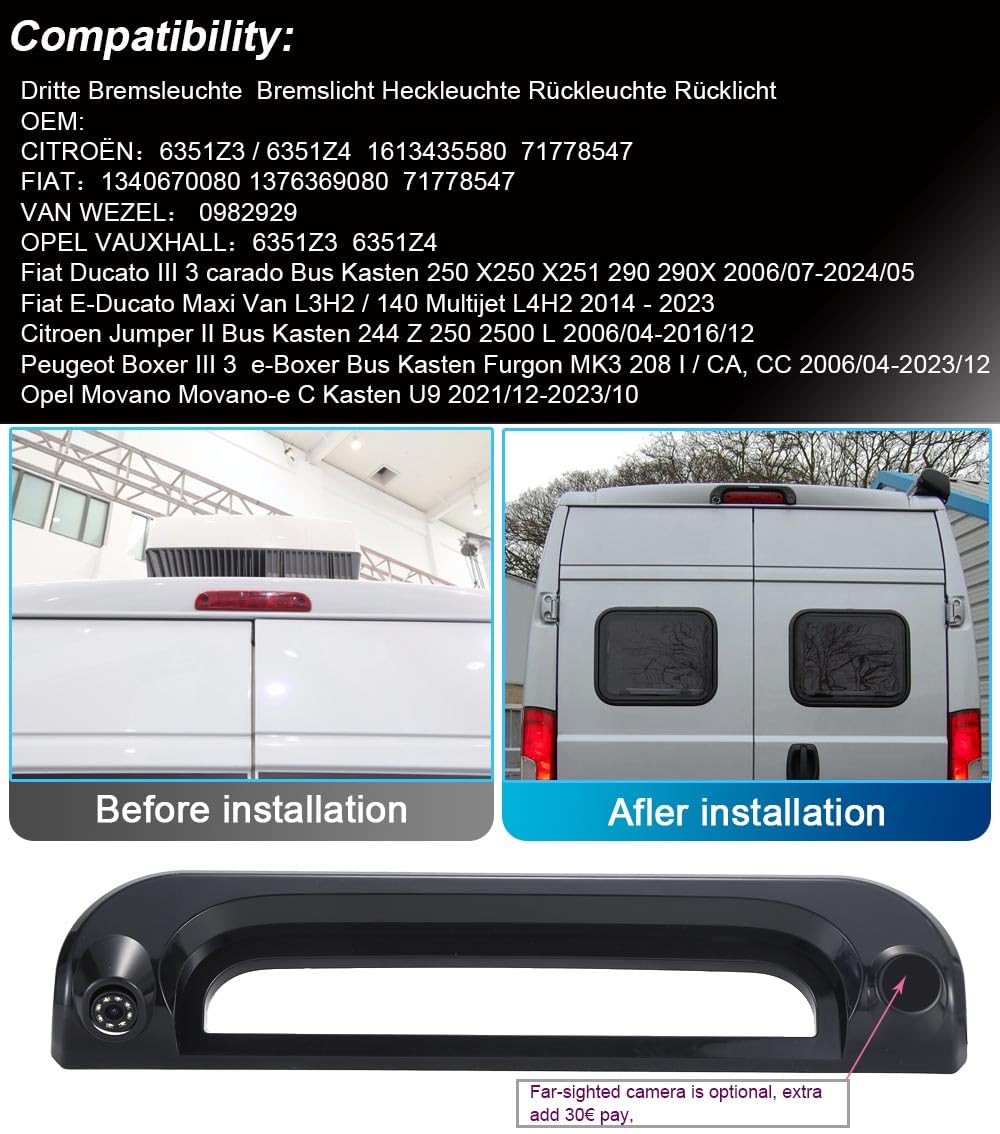 Sistema de marcha atrás HD Transporter con luz de freno, cámara de aparcamiento, compatible con Fiat Ducato X250 X251 290 290 X/Citroen Jumper 244 Z 250 2500/Peugeot Boxer Furgon MK3/Opel Movano
