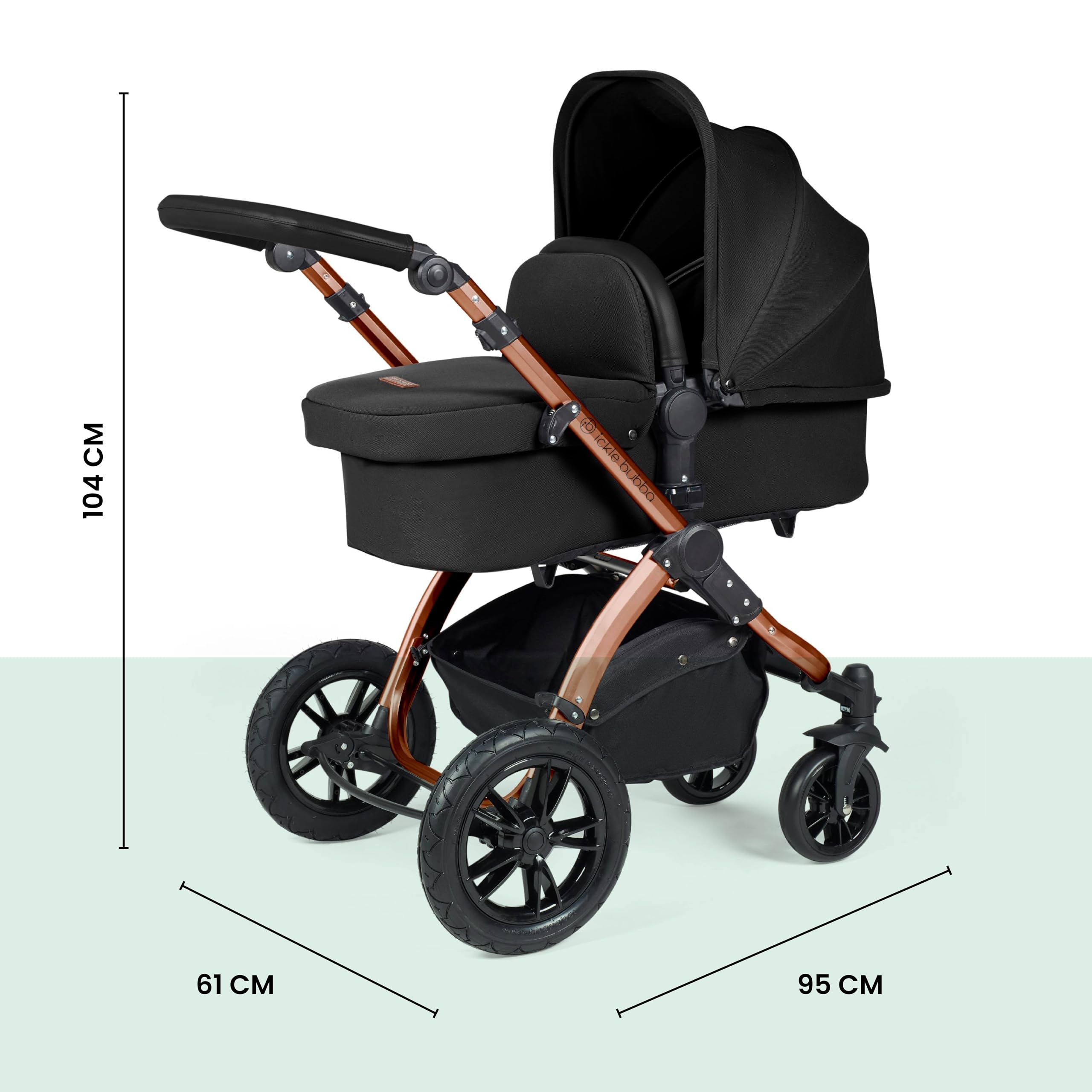 Poussette Tout-Terrain 12 pcs Ickle Bubba Stomp Luxe – Système de Voyage 3 en 1 avec Siège Auto i-Size Cirrus – Siège Réversible, Landau, Capote UPF 50+ & Accessoires (Bronze/Minuit/Tan)