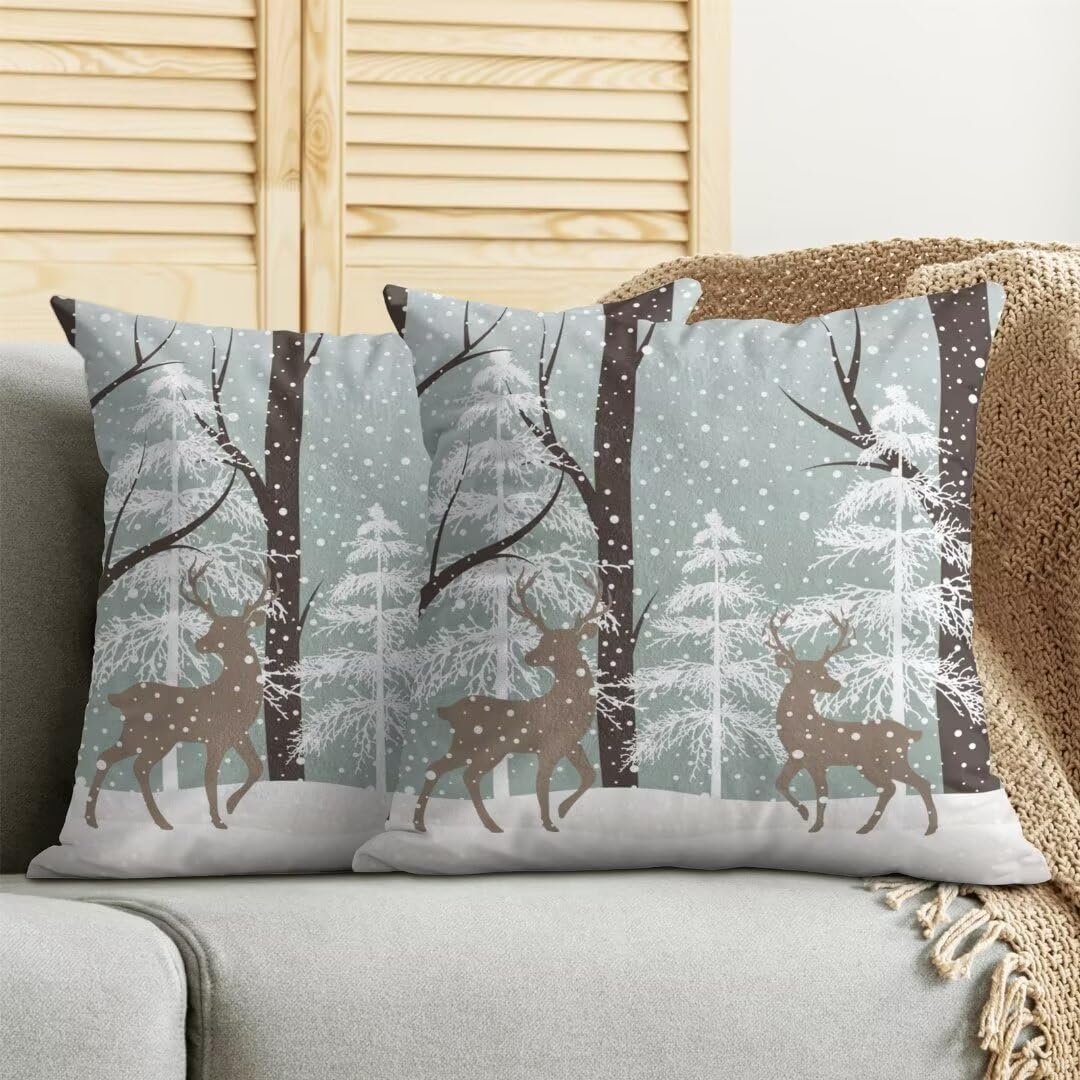 AEIOAE Winter Deer Pillow Covers 22 x 22 Inch Set of 2, Winter Landscape Snow Tree Throw Pillows Farmhouse Cotton Christmas Pillow Case for Sofa Bedroom Living Room Indoor Outdoor