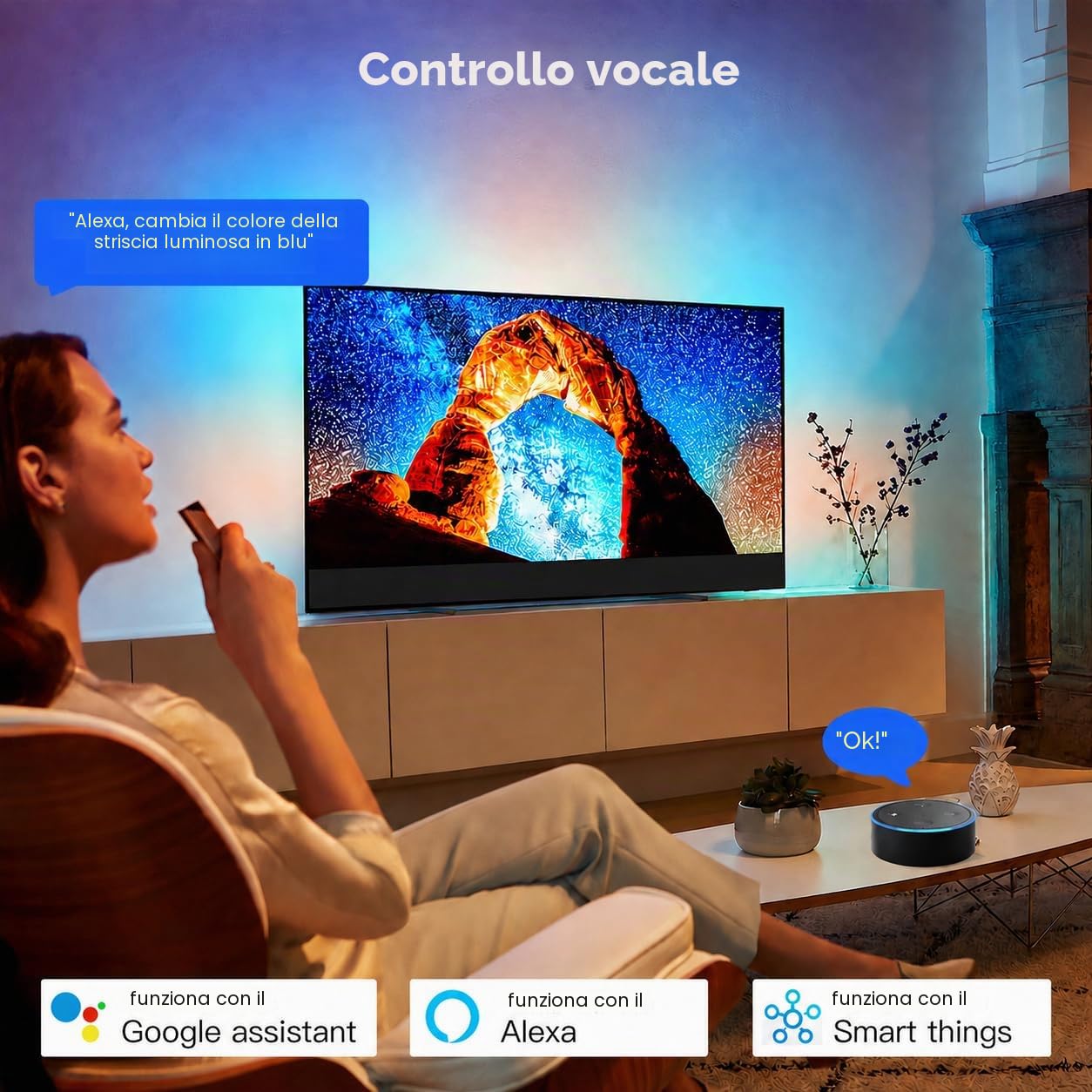 Retroilluminazione TV a LED con scatola di sincronizzazione HDMI per TV da 75-85 pollici, 5 m, RGBIC WiFi, striscia luminosa a LED