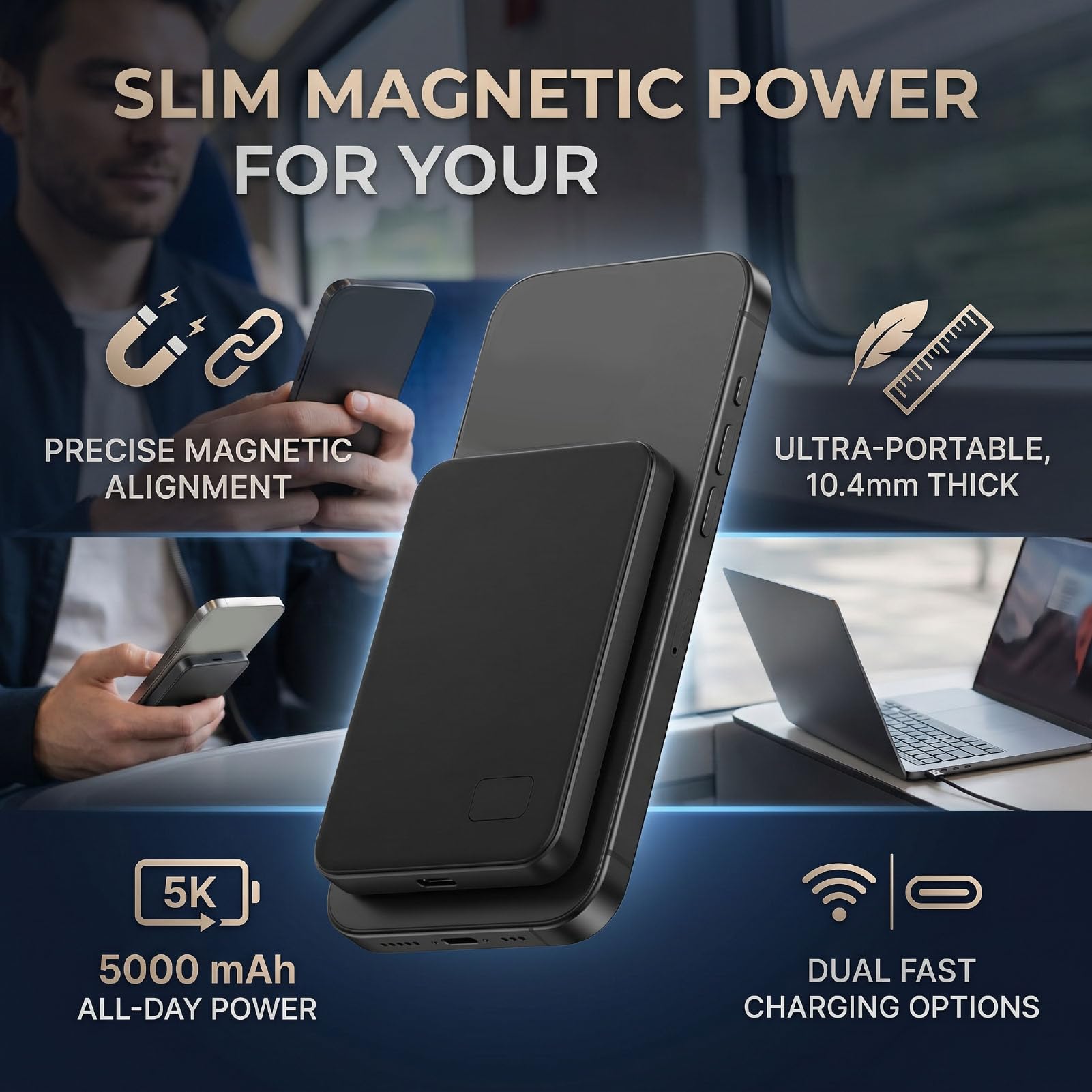 Annadue Chargeur sans Fil Mince Magnétique Power Bank 5000mAh (Black)