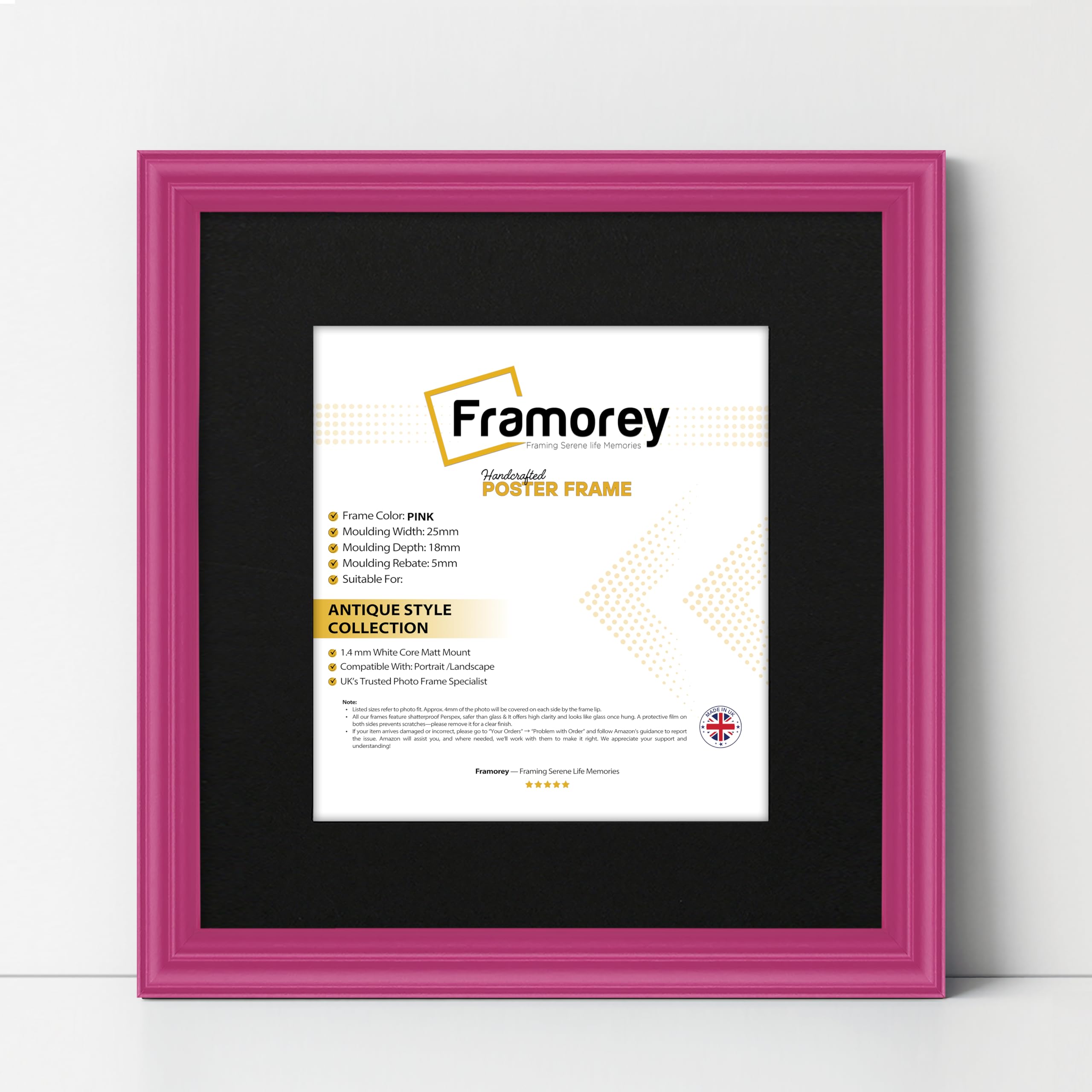 FRAMOREY Square Photo Frame, 45x45CM Pink With 35x35CM Black Mount, LW Antique Style Home Wall Decor, Hanging Art Poster Frame, MDF Wood