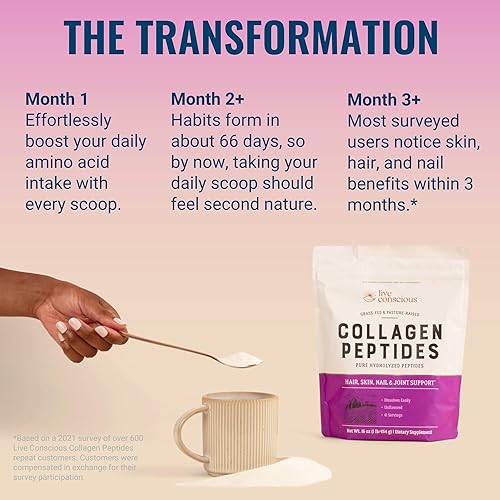 Vista 49 de Live Conscious Polvo de péptidos de colágeno – Soporte para el cabello, la piel, las uñas y las articulaciones – Colágeno tipo I y III – Proteína