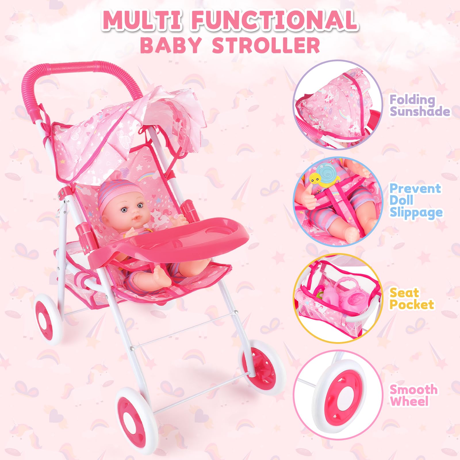 deAO Bambola bebé e Passeggino Giocattolo Set | 12" Bambolotto Bambina e Accessori con Baby Dolls Carrozzina, Funzione per Bere e Bagnare, Regalo per Bambini 3+ Role Play