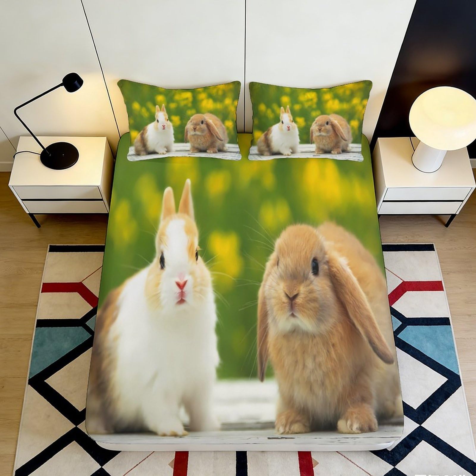 3D Printed Bunny Meadow Fitted Sheet Microfiber Soft Animal Rabbit Bed Cover for Bedroom Dorm Mattress Decor 90x200x25cm