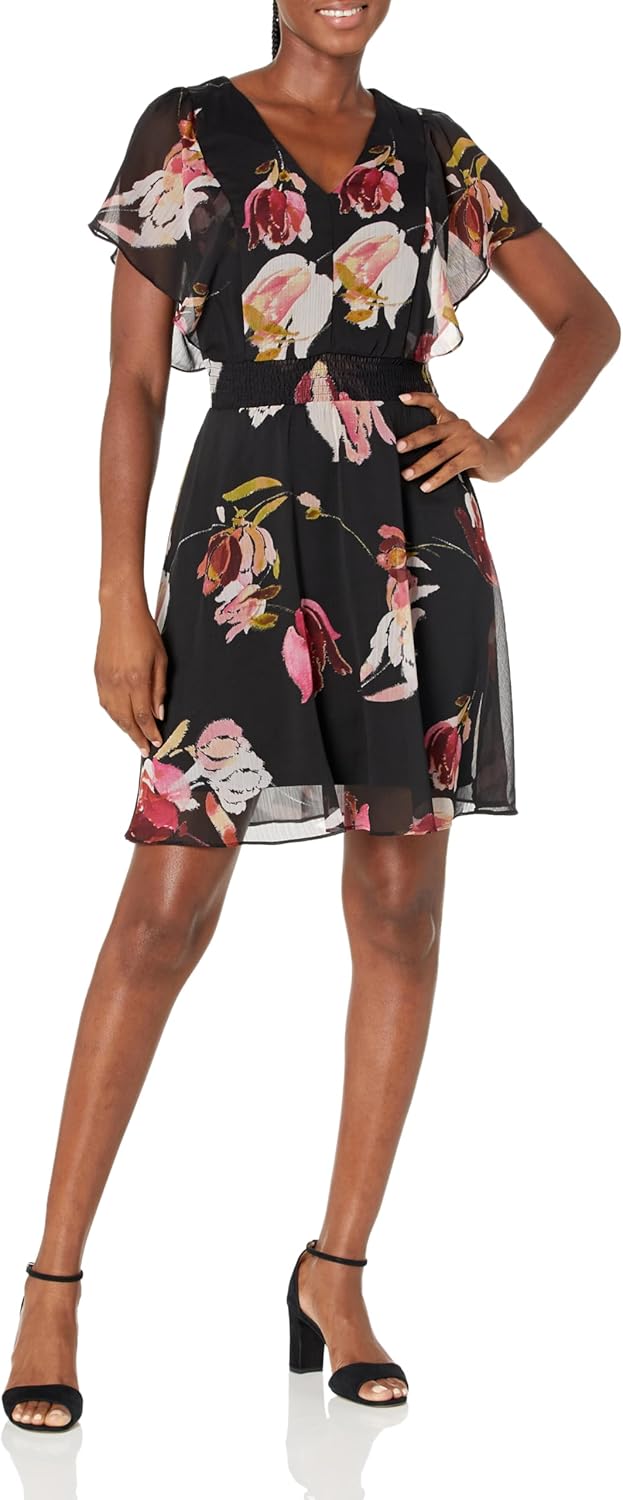 DKNY Women's Flutter Sleeve Smocked Waist Mini Dress