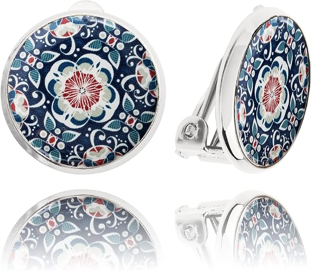 Elegant Small Round Clip on Earrings - Non Pierced Ears; Birthday Love Jewellery Gift for Women (Blue and Pink Silver)