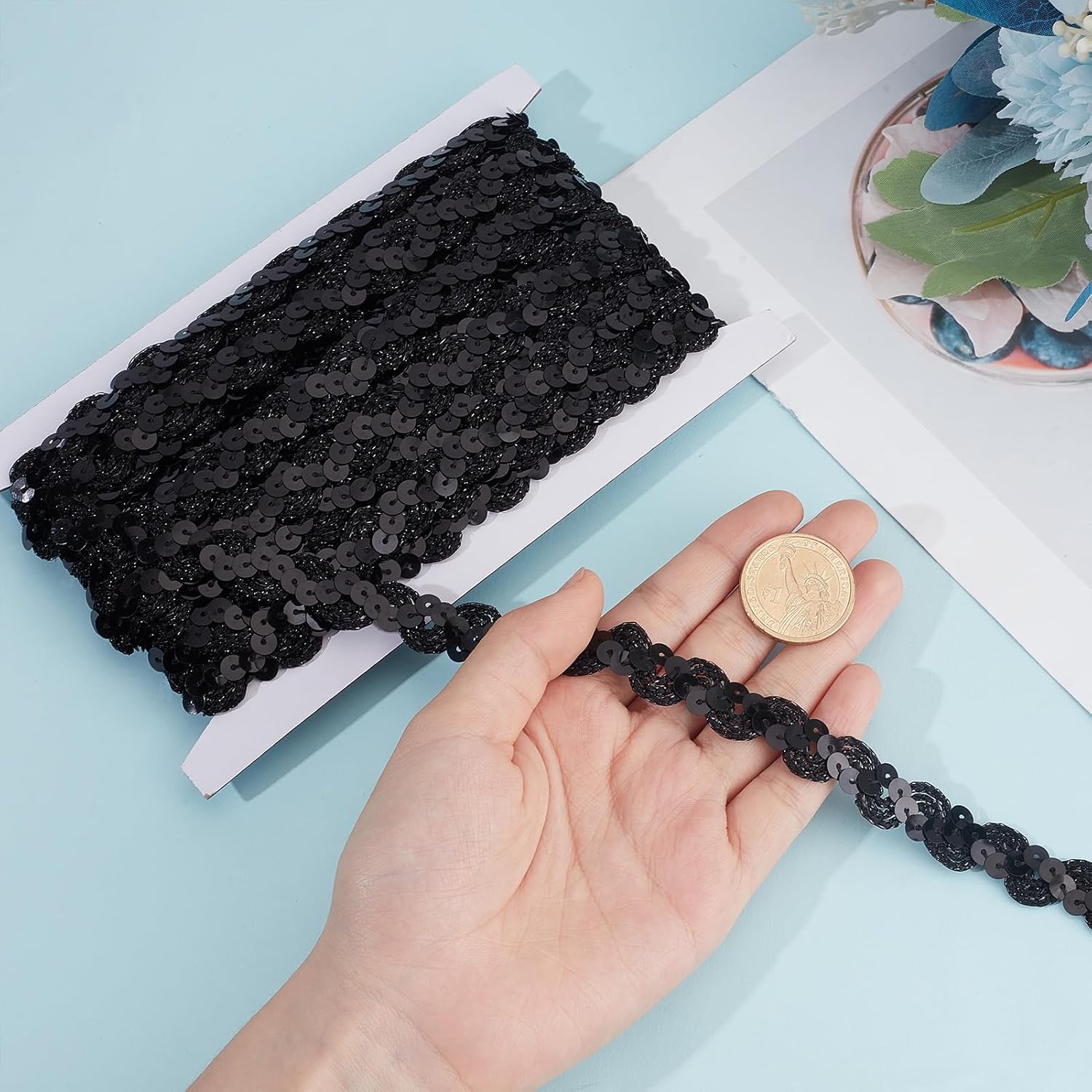 Sequin Ribbon, Wave Sequin Braid Trim, 10 Yards x 0.59", Black | Sequin Zig Zag Bending Ribbon, Paillette Gimp Braid Trim for Crafts Clothes Hats Dress Shoes Headband Home Party Decoration