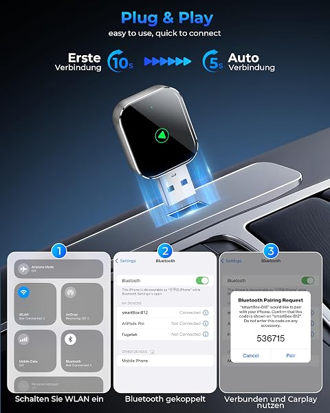 Mini Wireless CarPlay Geräte mit Auto GPS Navigation – Musikwiedergabe und Telefonieren, Umrüstung von kabelgebunden auf kabellos, kompatibel mit Apple iPhone iOS 10+ und kabelgebundenem CarPlay - 3