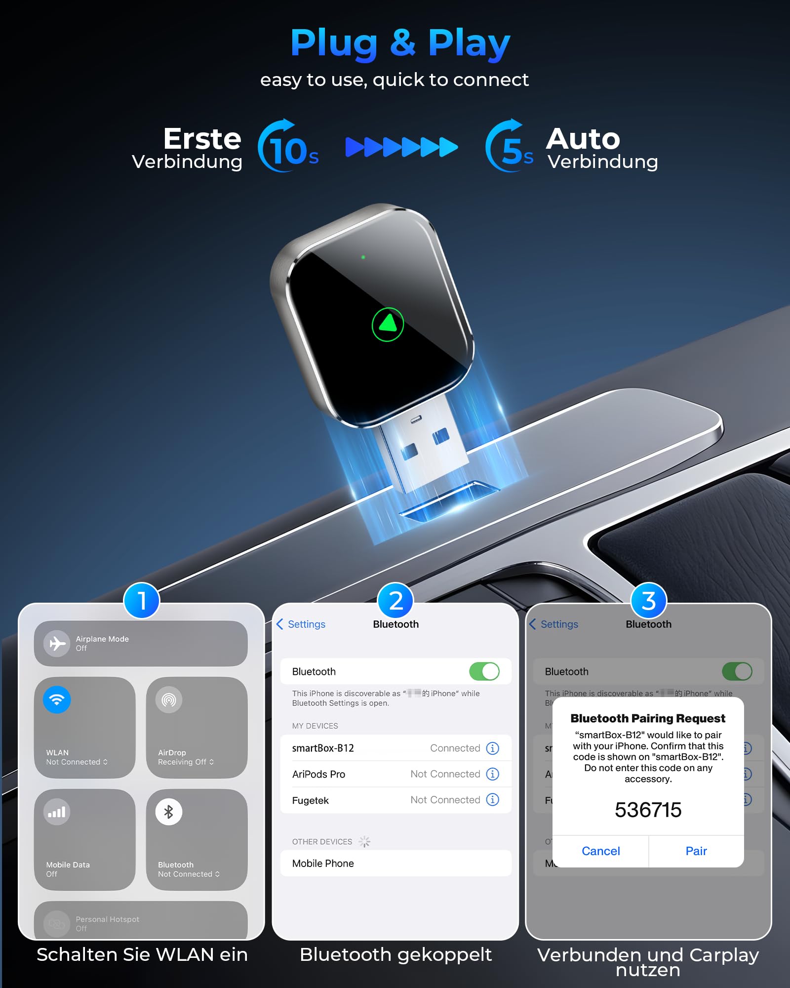 Mini Wireless CarPlay Geräte mit Auto GPS Navigation – Musikwiedergabe und Telefonieren, Umrüstung von kabelgebunden auf kabellos, kompatibel mit Apple iPhone iOS 10+ und kabelgebundenem CarPlay