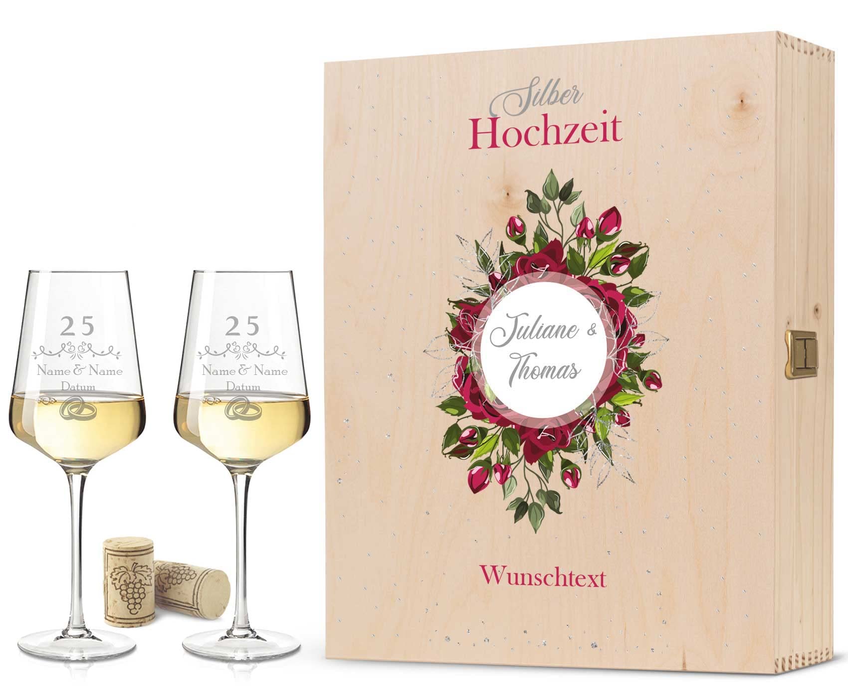 GRAVURZEILE Leonardo Weingläser mit Gravur - Silberhochzeit 25 Jahre - Personalisiert mit Namen & Datum inkl. Holzkiste - Geschenk für Sie & Ihn zur Hochzeit Verlobung Jahrestag - Große Kiste UV