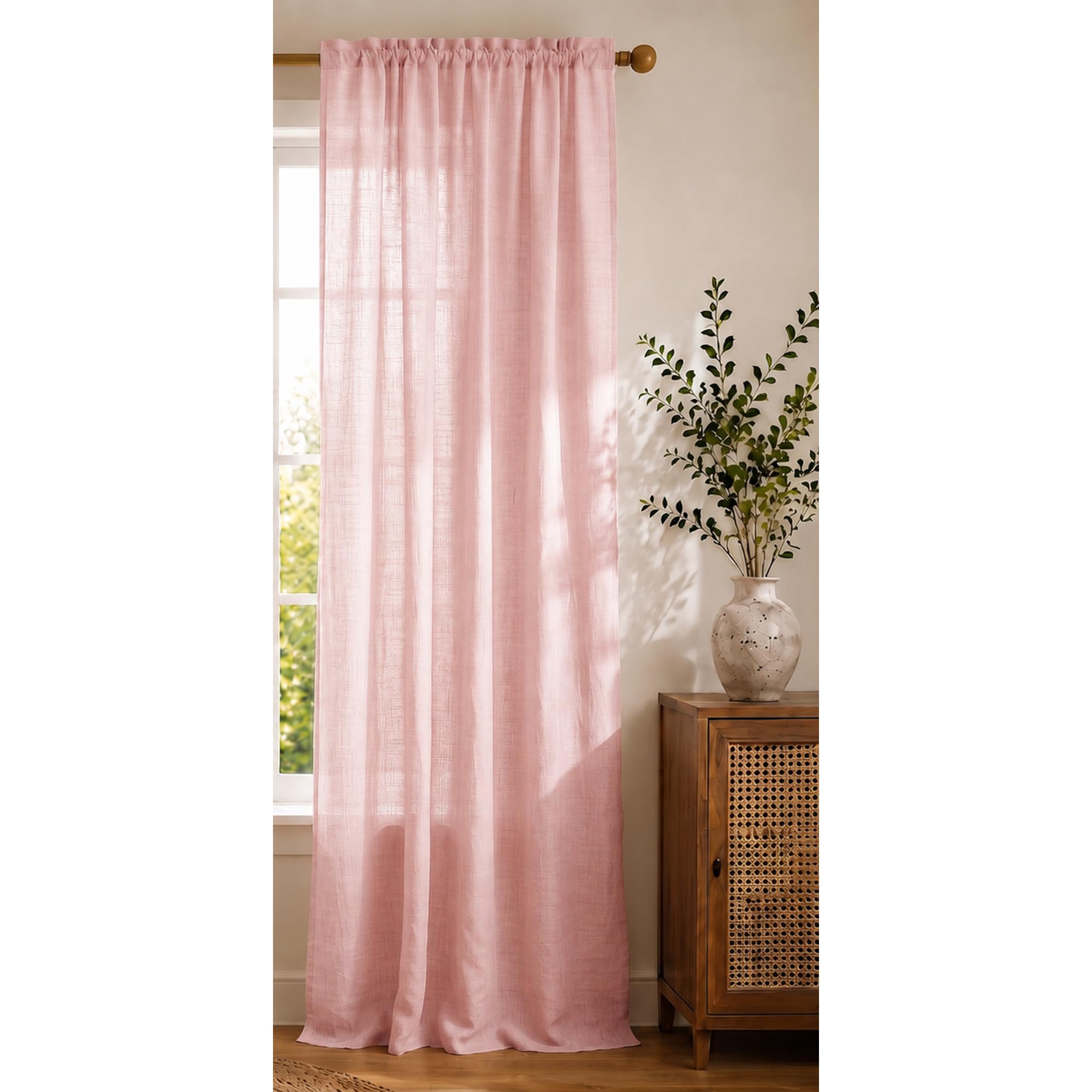 HOMEMONDE Faux Linen Curtains Transparent Sun Light Filtering Drapes Hangs with Rod Pocket for Living Room, Office, Bedroom, Pink, 1 Piece | Sheer discount deal