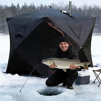 Pop Up Ice Fishing Shelter Tent, 3-5 Person, Outdoor Sauna Tent, 210D Oxford with Thermal Layer 120g Cotton, Windproof, All-Weather, Heater & Sauna with Carrying Bag ice-fishing-1.8m