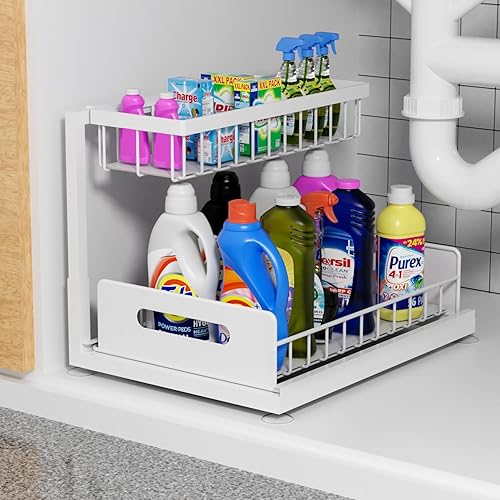 Miniatura 10 de Organizador deslizante de 2 niveles para debajo del fregadero, paquete de 2 estantes de almacenamiento extraíbles con cajón deslizante de