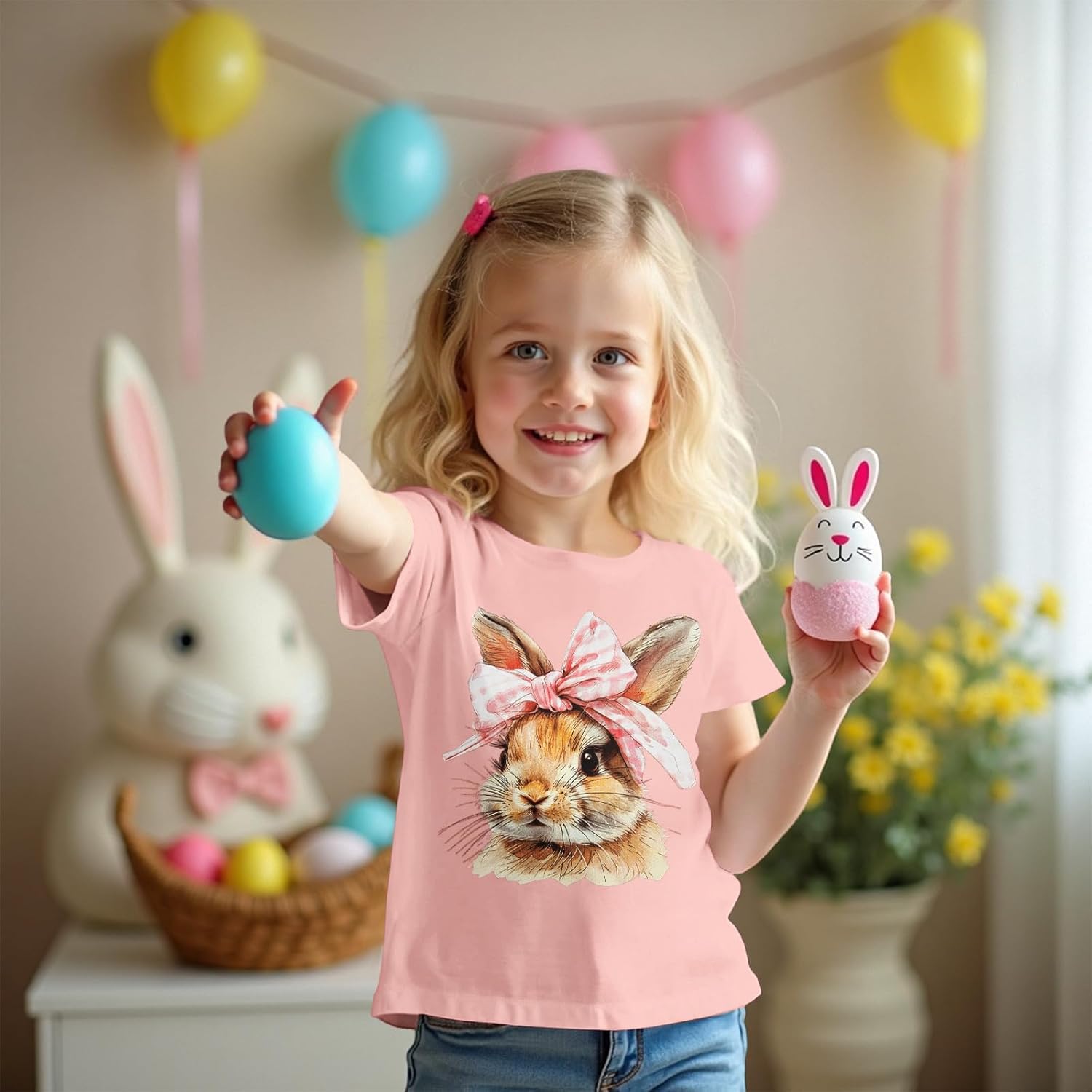 Girls Easter Shirt Toddler Bunny Graphic Tees Kids Girl Summer Short Sleeve Tops Funny Rabbit Easter T Shirts - Image 2