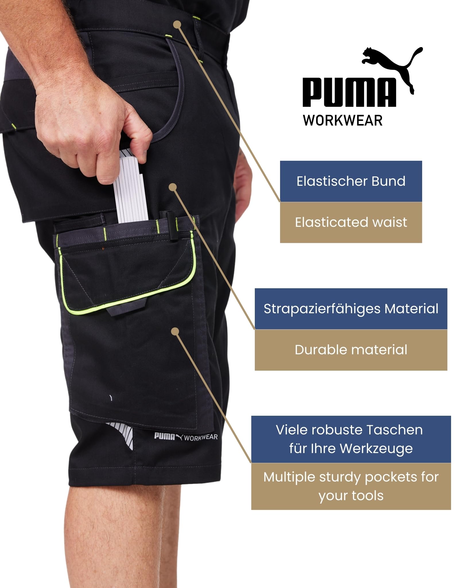 PUMA Workwear Precision X Arbeitsshorts - Kurze Arbeitshose Herren - Robustes, Flexibles Material - Viele Taschen und Reflektoren - Bequeme Passform - Ideal für Handwerk Heimwerk und Baugewerbe