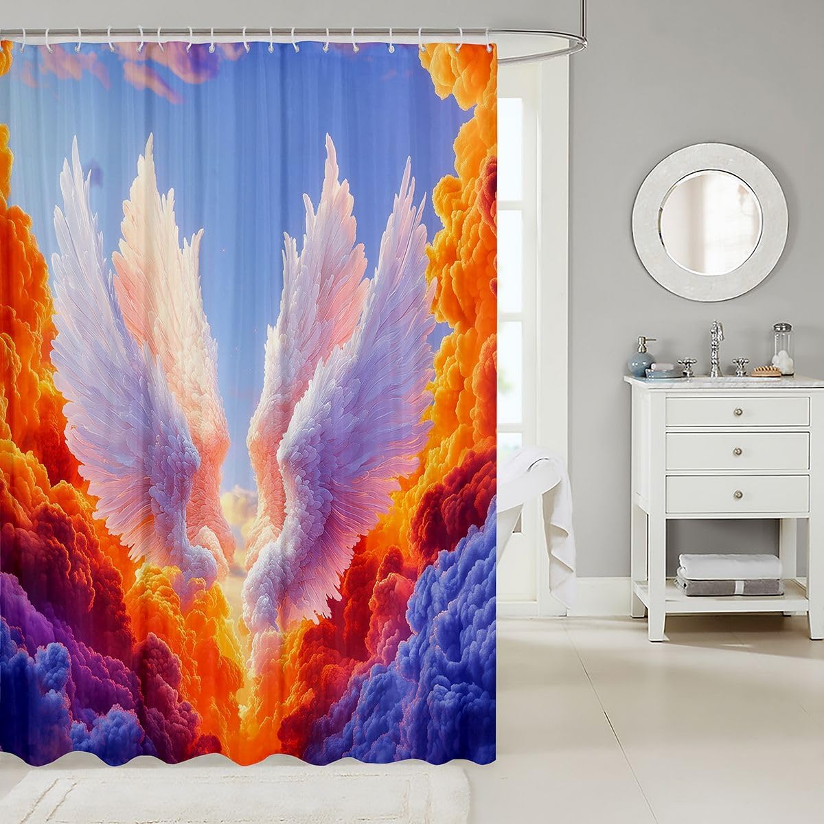 Erosebridal Anime Angel Wings Shower Curtain 72" Wx72 L Western Heaven Waterproof Bathroom Accessories Colorful Clouds Bath Curtain for Bathroom Showers Guardian Angel Art image 2