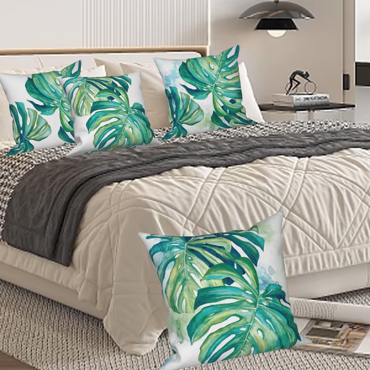 4 Pcs/Set Tropical Leaves Pillow Covers Green Palm Tree Leaves Natural Plants Watercolor Minimalist Outdoor Accent Pillow Covers for Home Couch Sofa Farmhouse Decor, 18"x18"