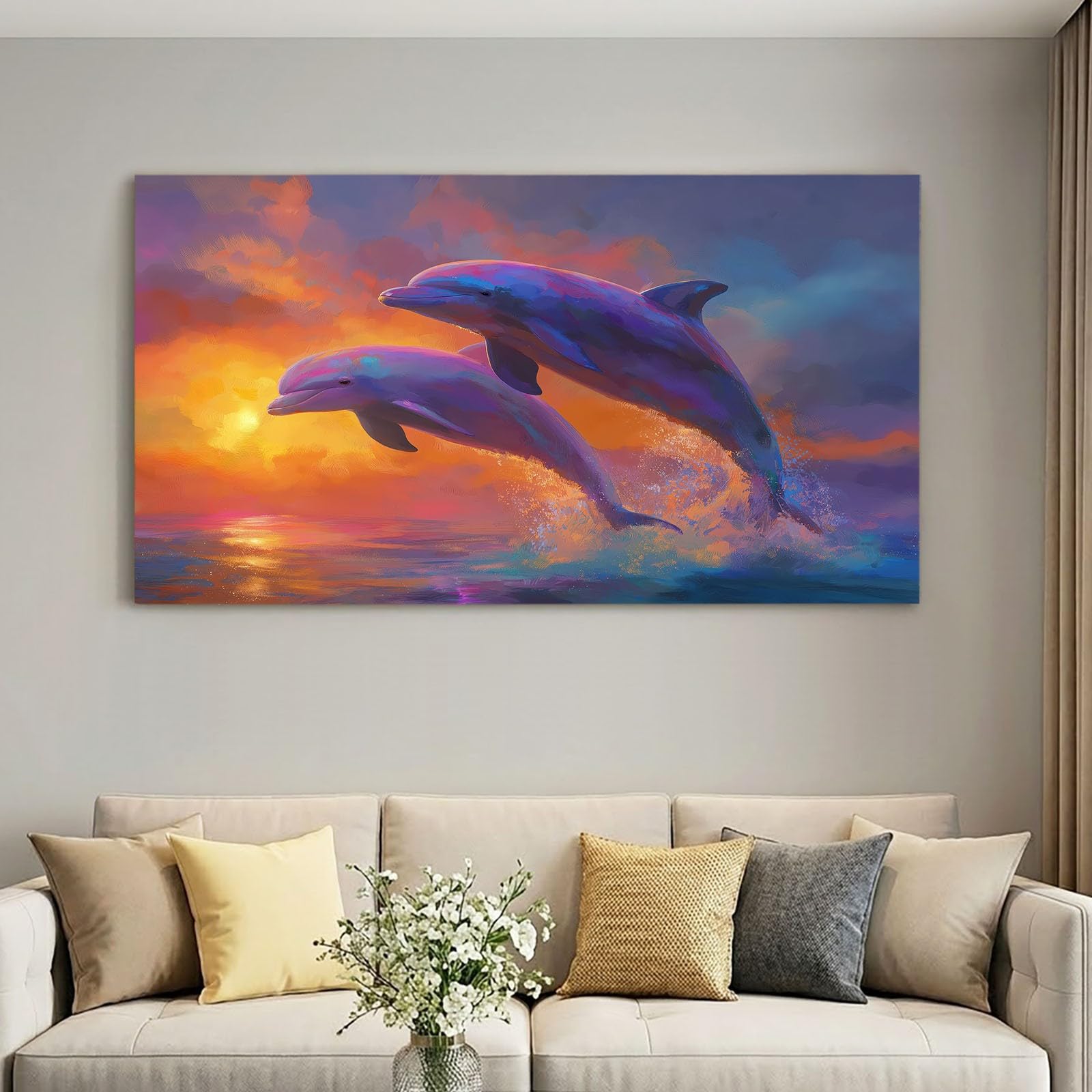 Stampa su tela, 90 x 60 cm, motivo oceano tramonto, stampa artistica da parete su tela, decorazione per camera da letto, regalo, delfino