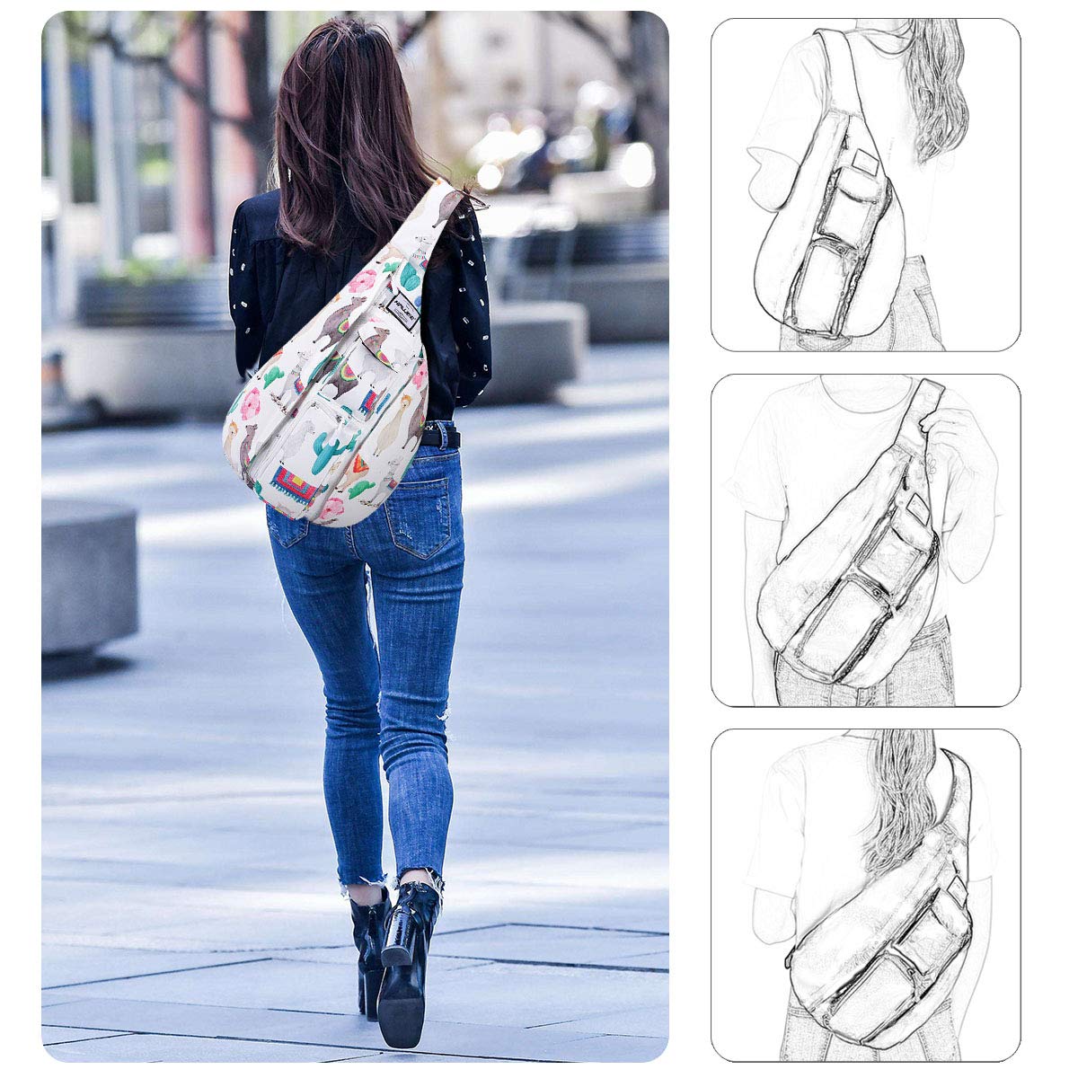 Sac de Poitrine Sport Multifonction - Sling à Bandoulière Crossbody pour Voyage, Travail, Étude, Escalade, Randonnée, Courir - pour Hommes, Femmes, Adolescents - Alpaga et Cactus, L