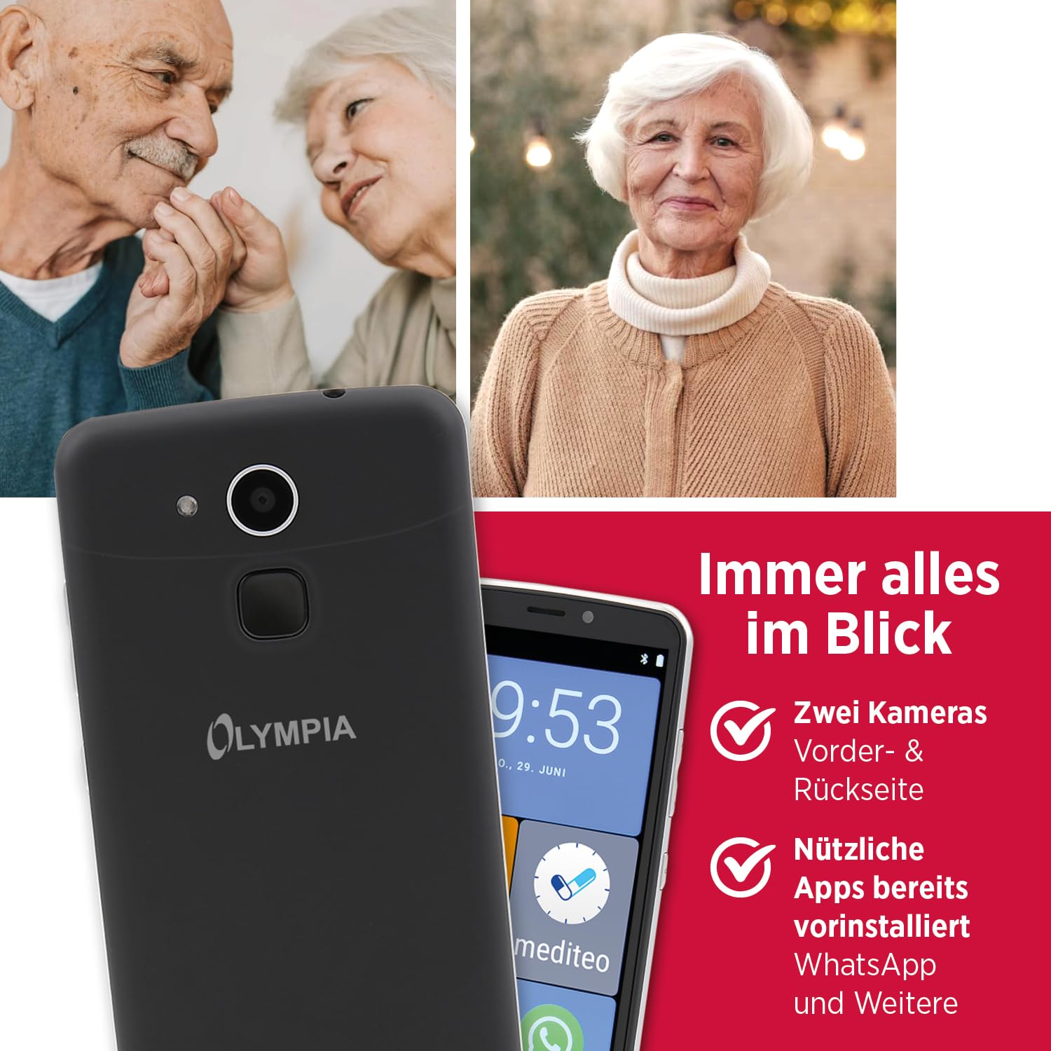 Olympia Neo+ teléfono móvil Negro para Personas Mayores | teléfono Inteligente para Personas Mayores con Pantalla Grande y botón de Llamada de Emergencia | operación Extra fácil | teléfono móvil para