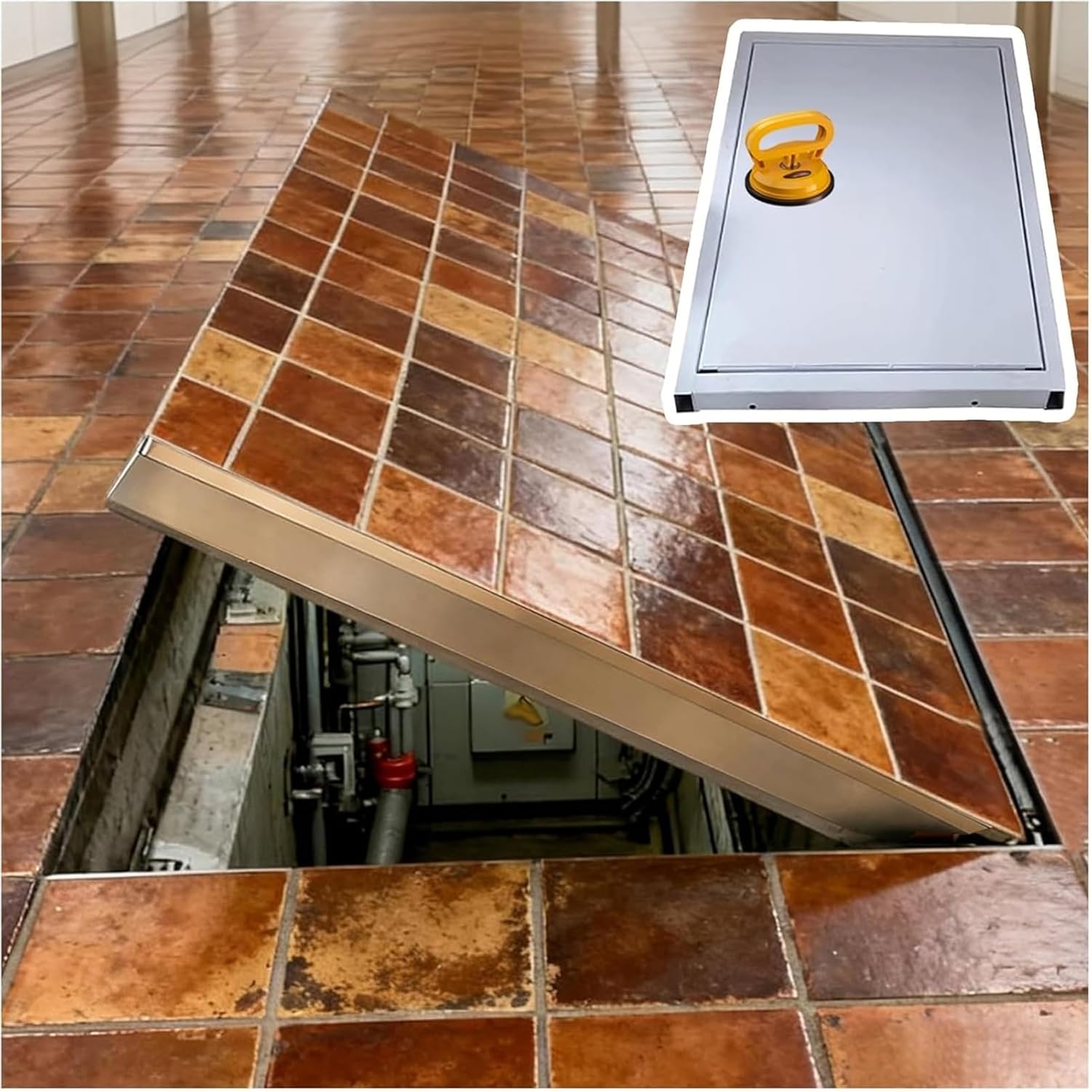 Concealed Crawl Space Access Door Interior Floor, Recessed Floor Access Hatch for Basement/Crawl Space with Suction Cups Opener, Heavy-Duty Steel Camouflaged Entry Door(LxW 24x20 in)