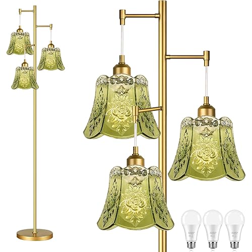 Gold Floor Lamp for Living Room,Bedroom,Tree 3 Light Standing Lamp Mid Century Modern Brass Tall Floor Lamps Vintage Retro Floor Lights Glass Green Flower Lamp Shade Farmhouse Boho Bohemian