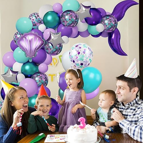 Miniatura 4 de Kit de guirnalda de globos morados y azules, suministros de fiesta con arco de cola de pez con globos de confeti morado y verde para decoraciones de