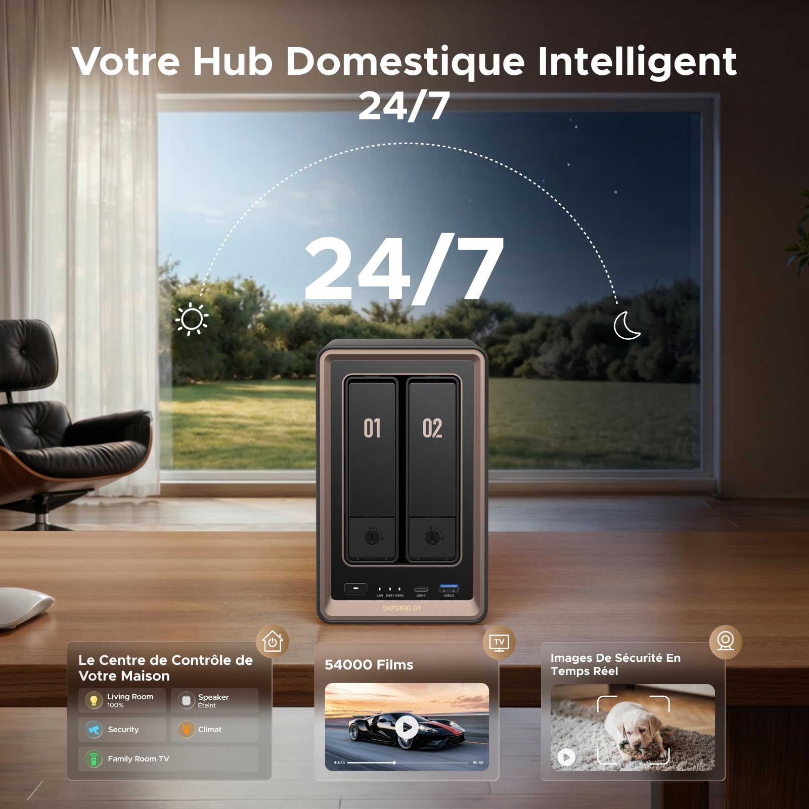 UGREEN NASync DXP2800 GT Stockage NAS 2 Baies, LAN 10GbE, CPU AMD Ryzen Embedded R2514, 8 Go RAM, Double M.2 NVMe, HDMI 4K, Centre de Surveillance, Support Docker, Home Assistant (sans disques)