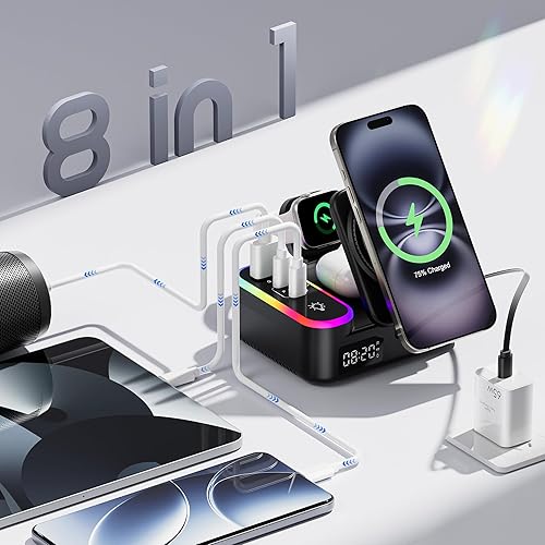 Miniatura 9 de Cargador inalámbrico para iPhone, estación de carga inalámbrica 8 en 1 de 65 W, soporte de carga rápida USB C de 30 W para iPad, múltiples
