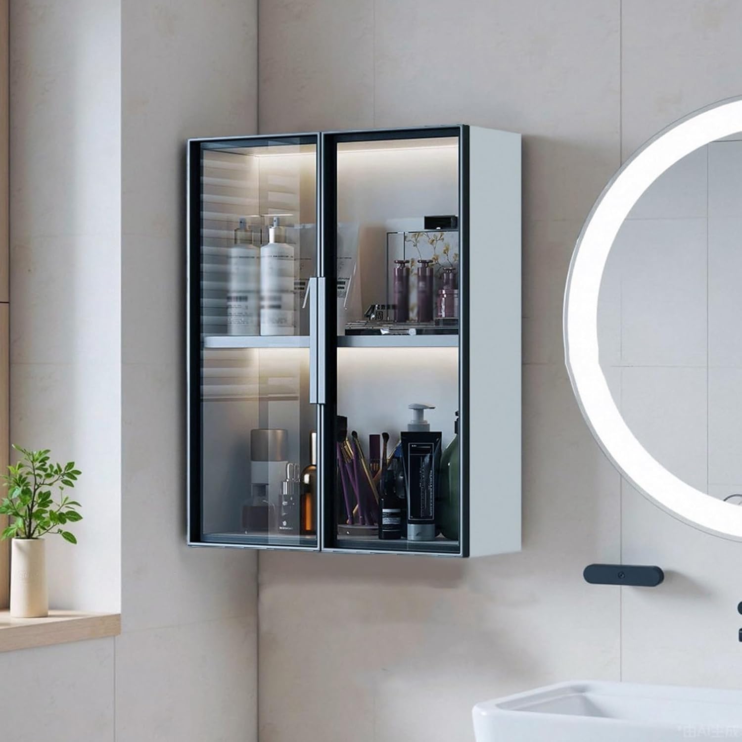 Wall Mounted Bathroom Cabinet, Kitchen Wall Cabinets Storage, Aluminum Glass Door Medicine Cabinet, Waterproof Floating Organizer, Space Saving for Bathroom, Toilet, Kitchen, 2 Door 2 Tier,2Door2Tier