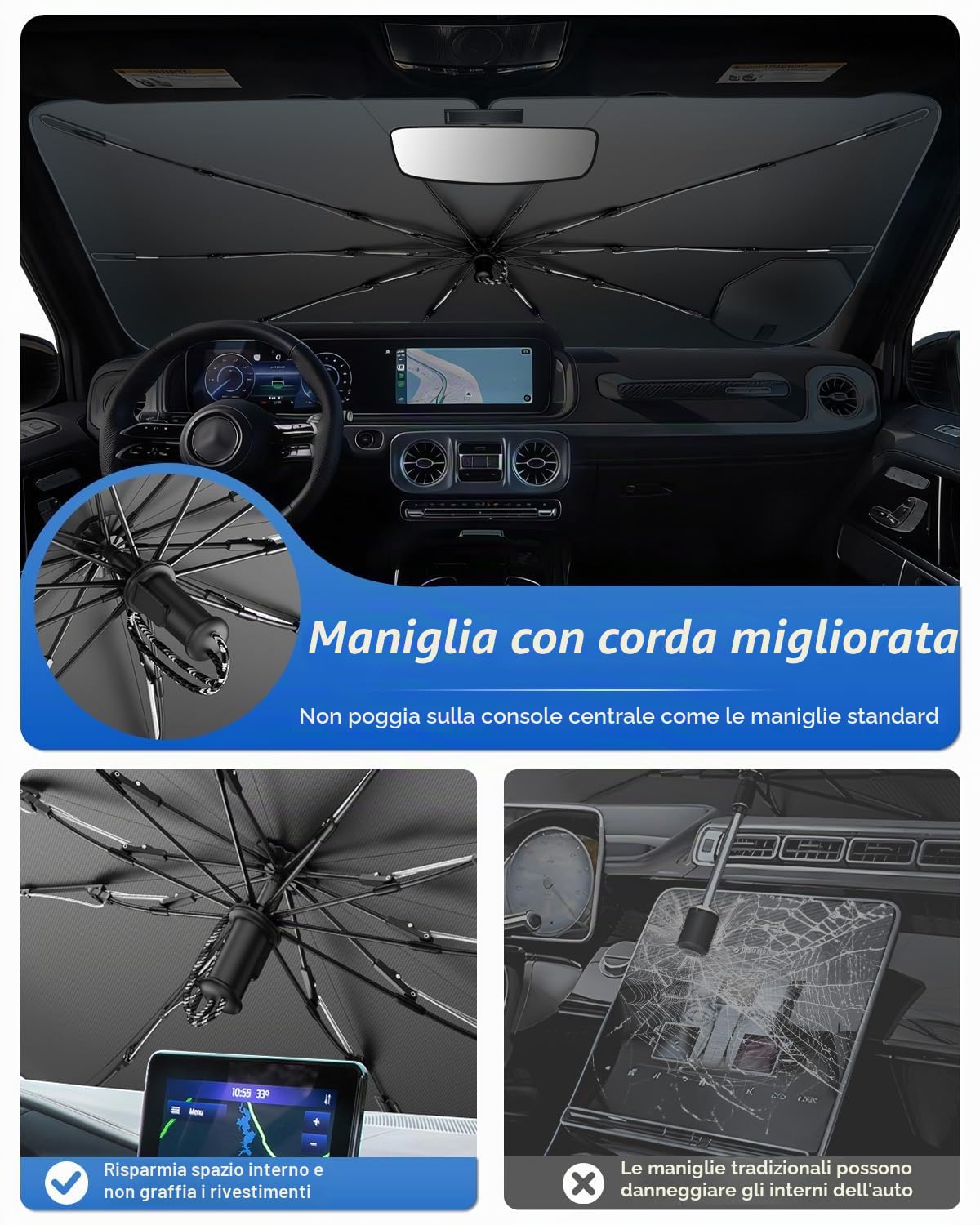 SHAOHAO Compatibile con FIAT 500 Abarth 595 2017-2026 Parasole per auto Parasole per parabrezza Facile da riporre Maniglia con cordino Protezione UV Accessori FIAT 500 parasole