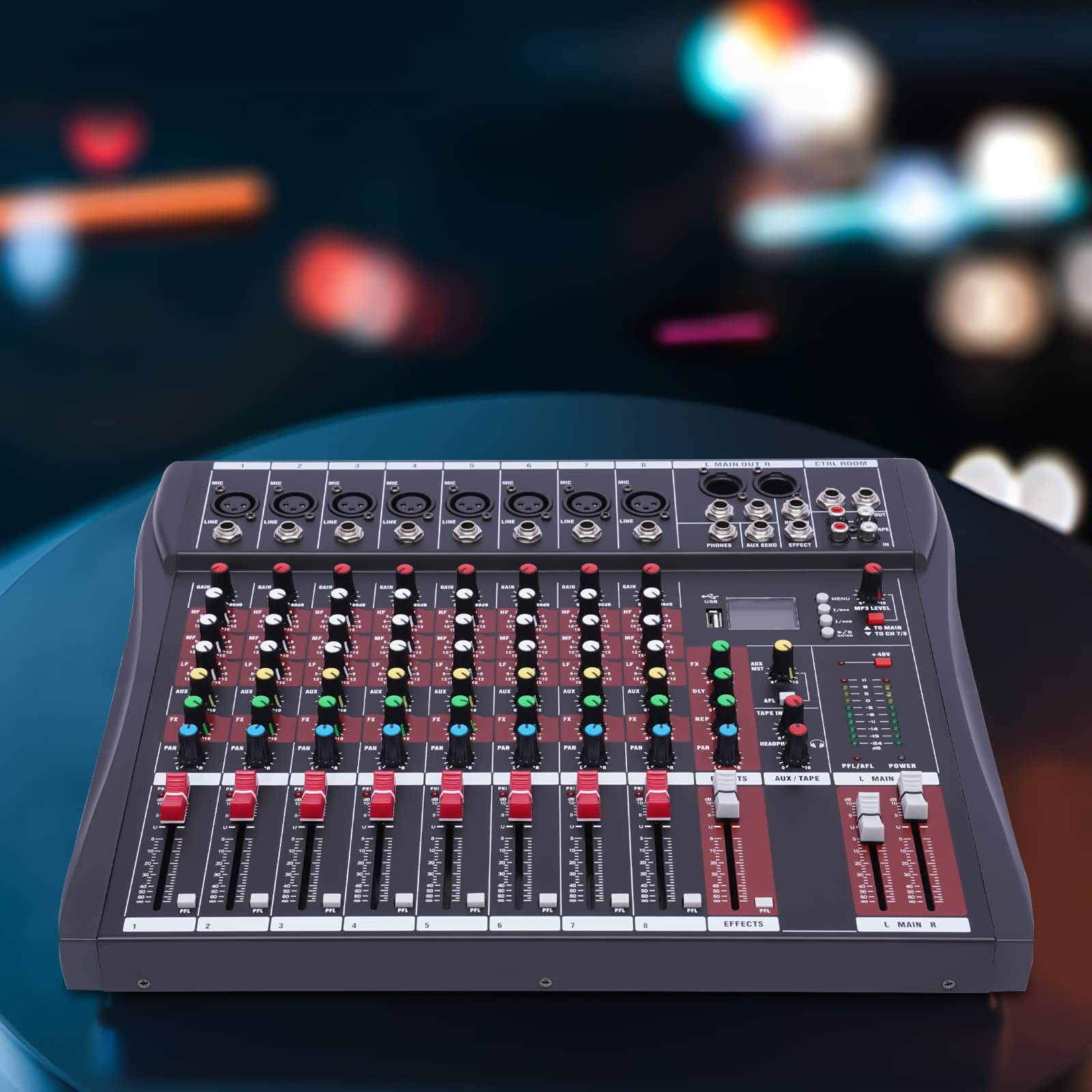 Mixer audio professionale a 8 canali con Bluetooth e USB – mixer DJ con alimentazione phantom da 48 V per registrazioni dal vivo, produzione in studio e attrezzatura DJ