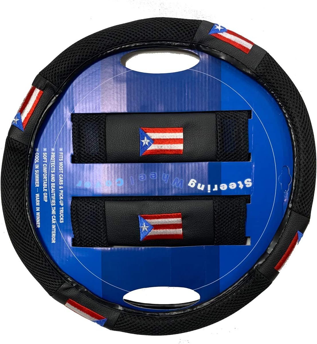 Puerto Rico Flag Steering Wheel Cover Black & 2 Seat Belt Pads