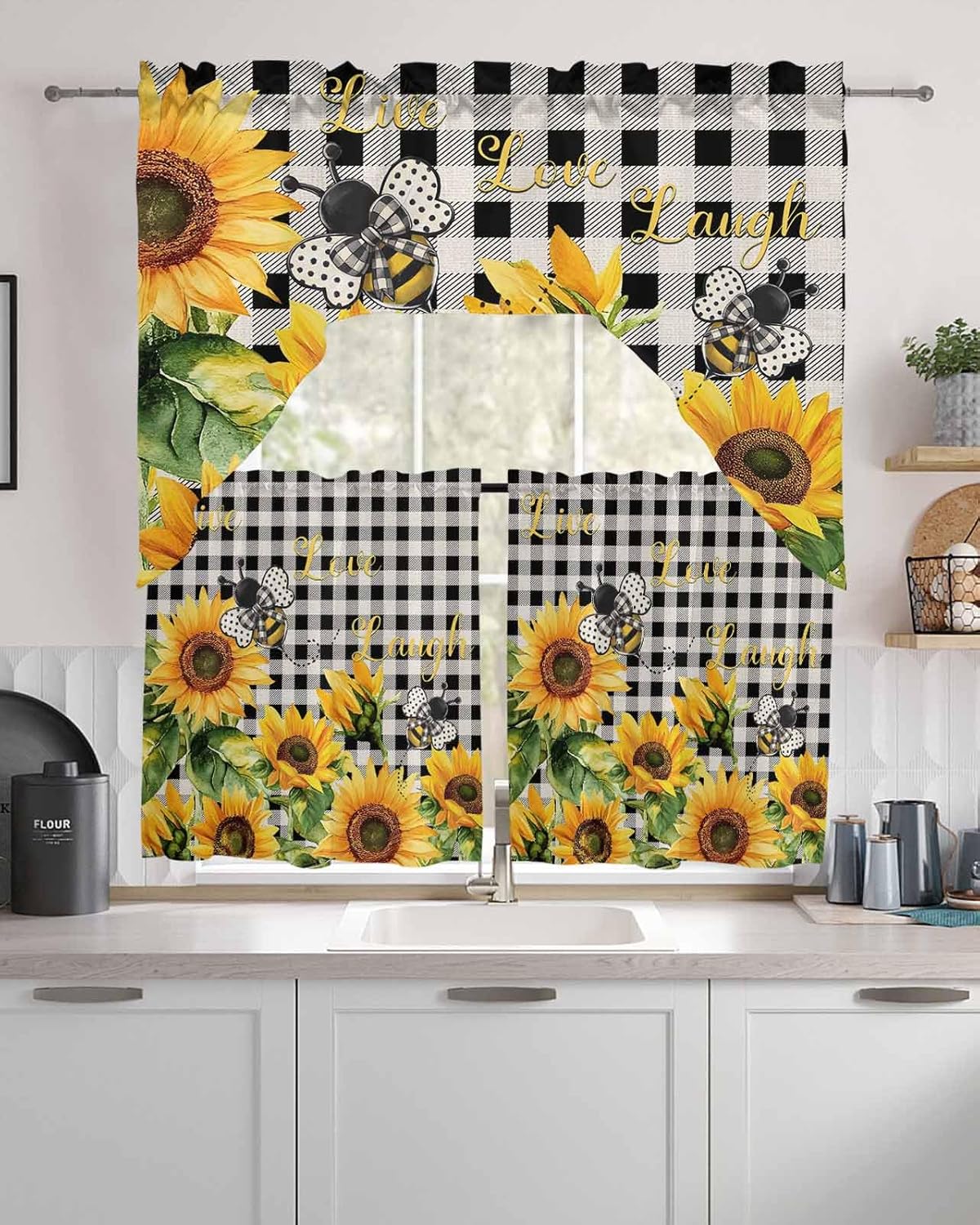 Savannan Kitchen Curtains Tiers and Swag Valances Set, Sunflower Summer Black Checkered Rod Pocket Short Window Curtains for Bedroom Bathroom Cafe, 3 Pieces 24 Inch Long Bee Vintage
