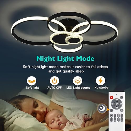 Miniatura 5 de Ofenrd Moderna lámpara de techo LED de montaje empotrado, color negro, con control remoto y aplicación inteligente, lámpara de techo regulable de 3