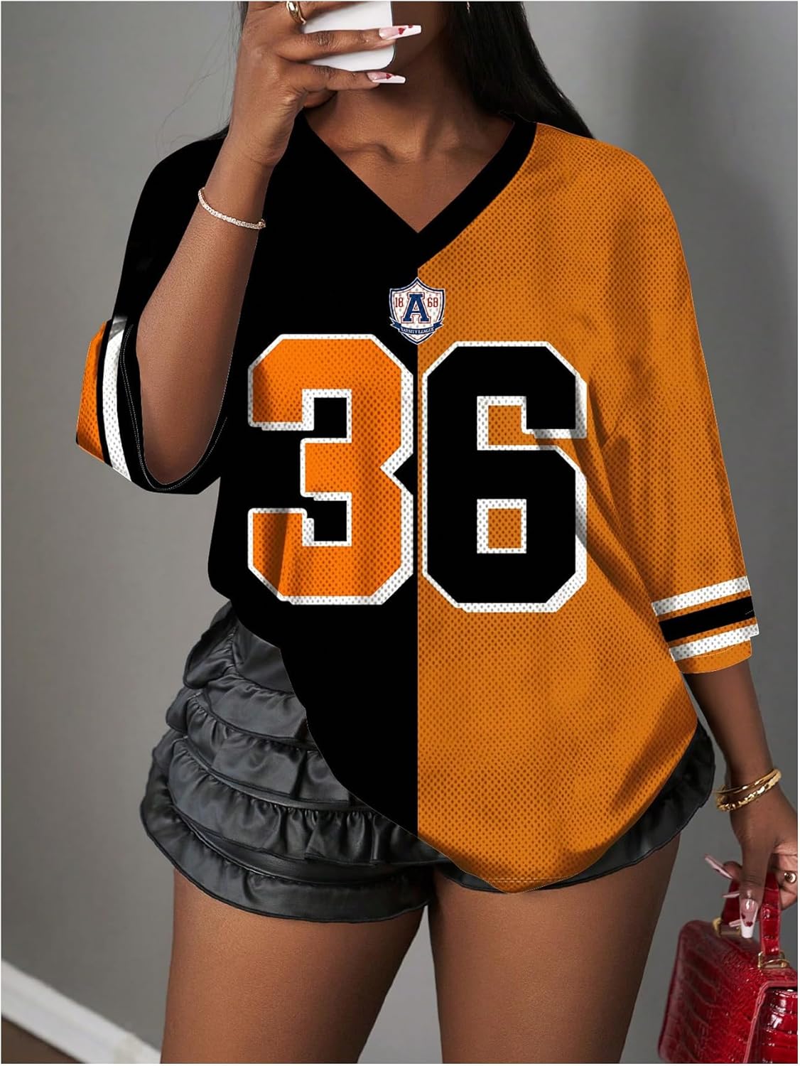 WDIRARA Women's Jersey Shirts Number Color Block Tee Graphic V Neck Half Sleeve Oversized Tops - Image 3