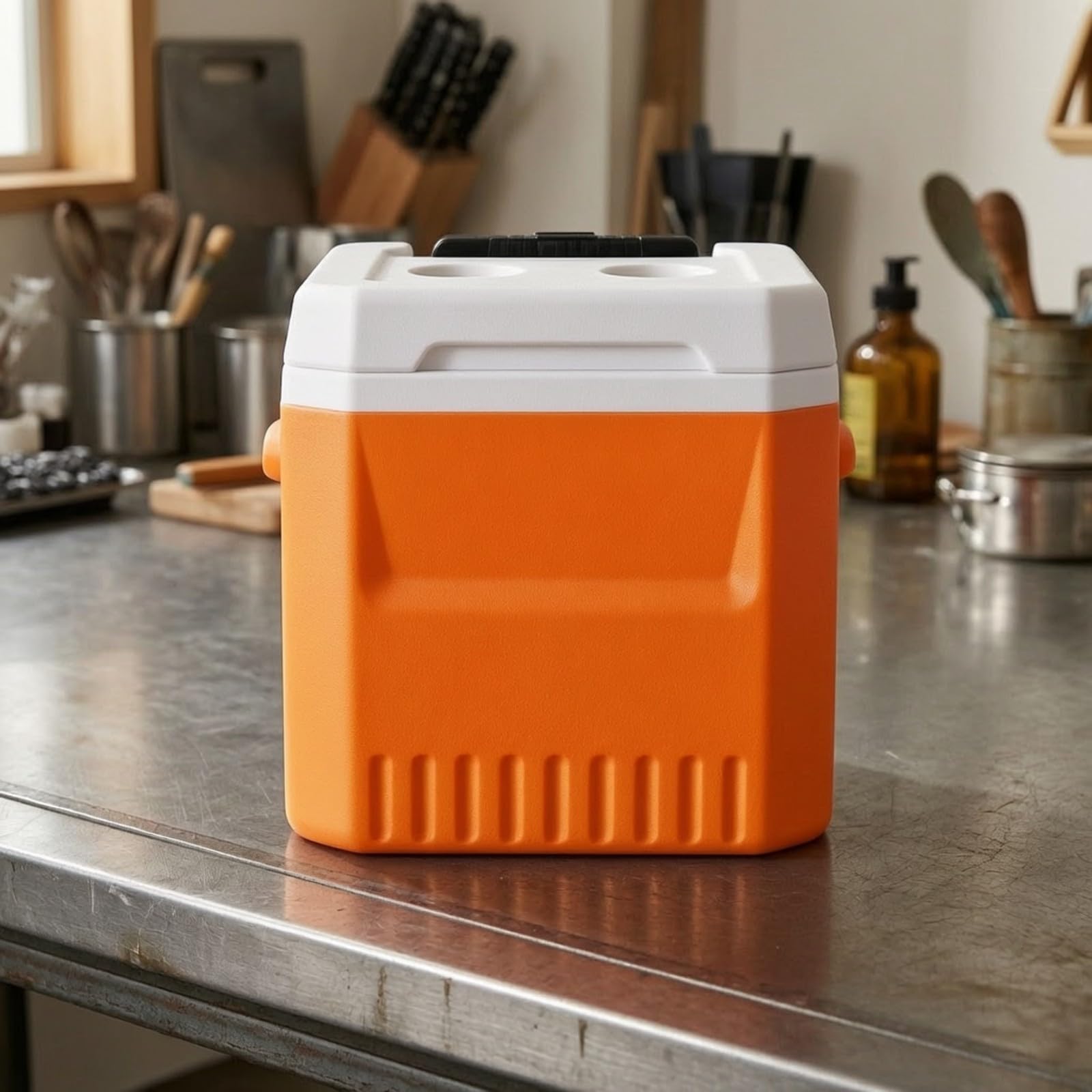 Isoliert Kühlbox mit Becherhaltern | Tragbares Design für Unterwegs, Kühlbehälter mit Klappdeckel, Dicht schließend, Behälter, Camping, Picknick, Angler, Orange