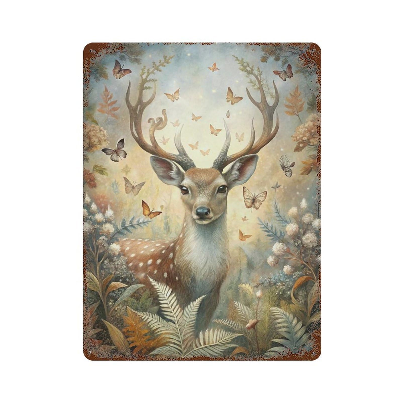 Deer And Butterflies in Forest 15.7"x11.8" Retro Metal Sign, Vintage Wall Decor for Garage, Bar And Workshop Decor