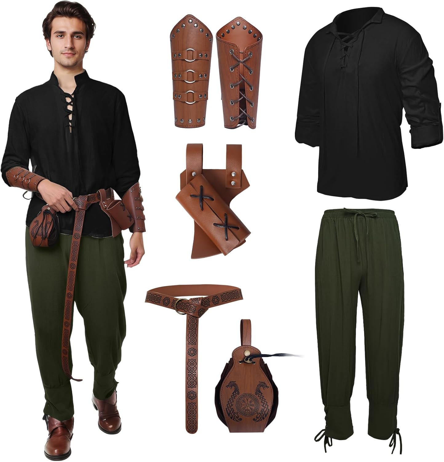 6 Pcs Men's Renaissance Costume Halloween Medieval Pirate Costume Set Viking Shirt Pants Cosplay